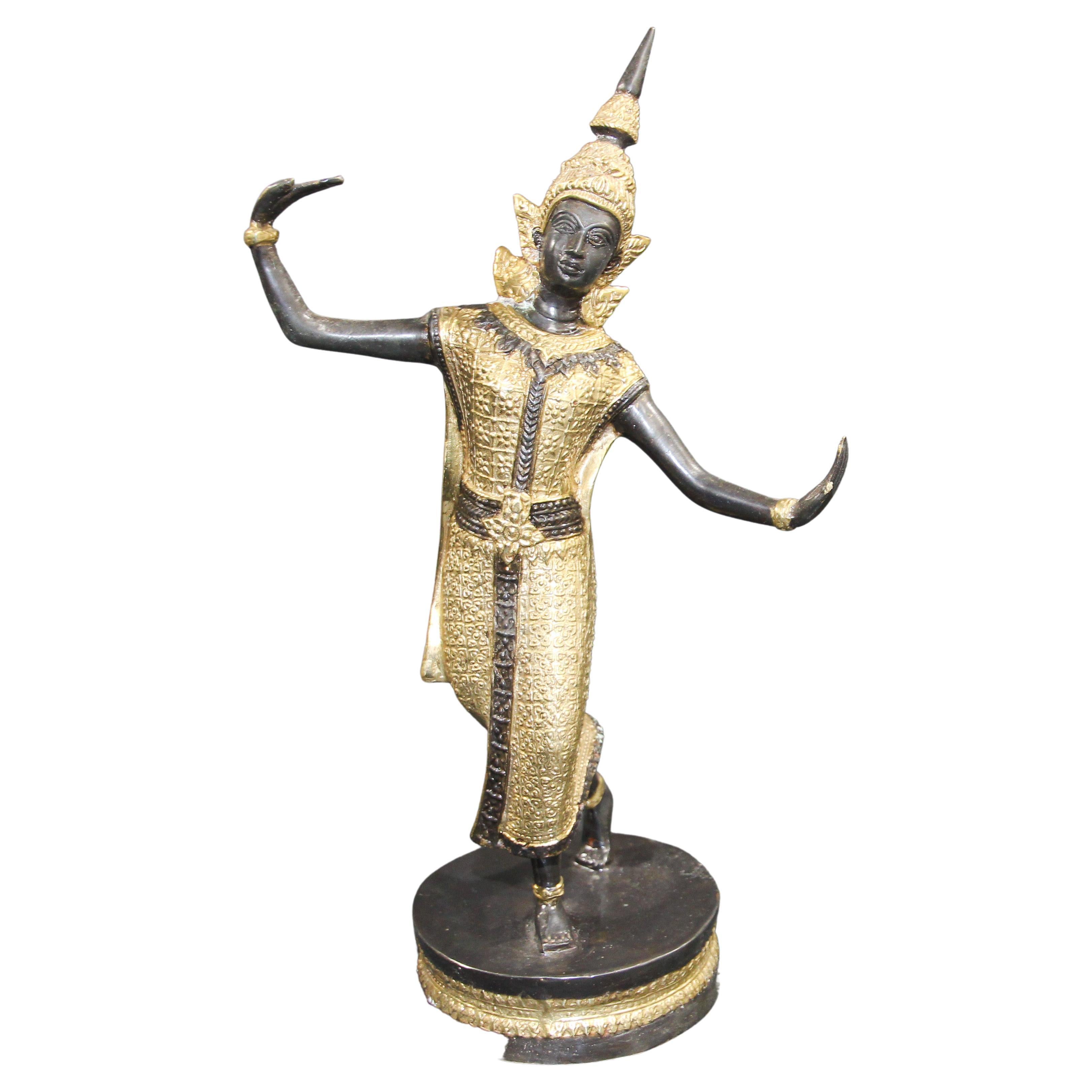 Vintage Bronze Gilt Thai Teppanom Temple Guard Dancing Statue Sculpture For Sale