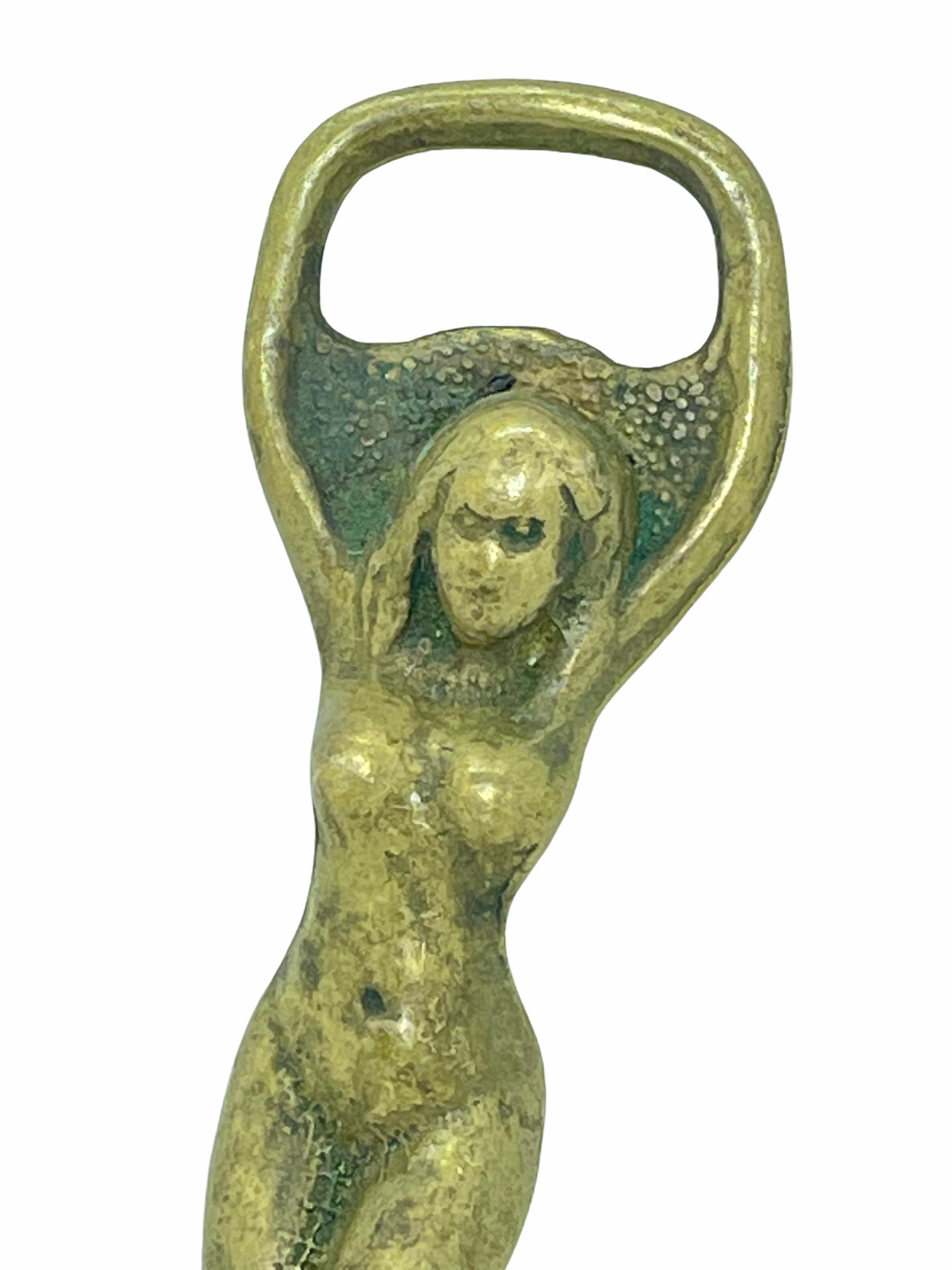 Austrian Vintage Bronze Girl Bottle Opener Mid-Century Modern Metal Breweriana Barware