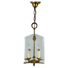 Vintage Bronze & Glass Lantern Chandelier  Pendant Light Entryway, France, 1950s