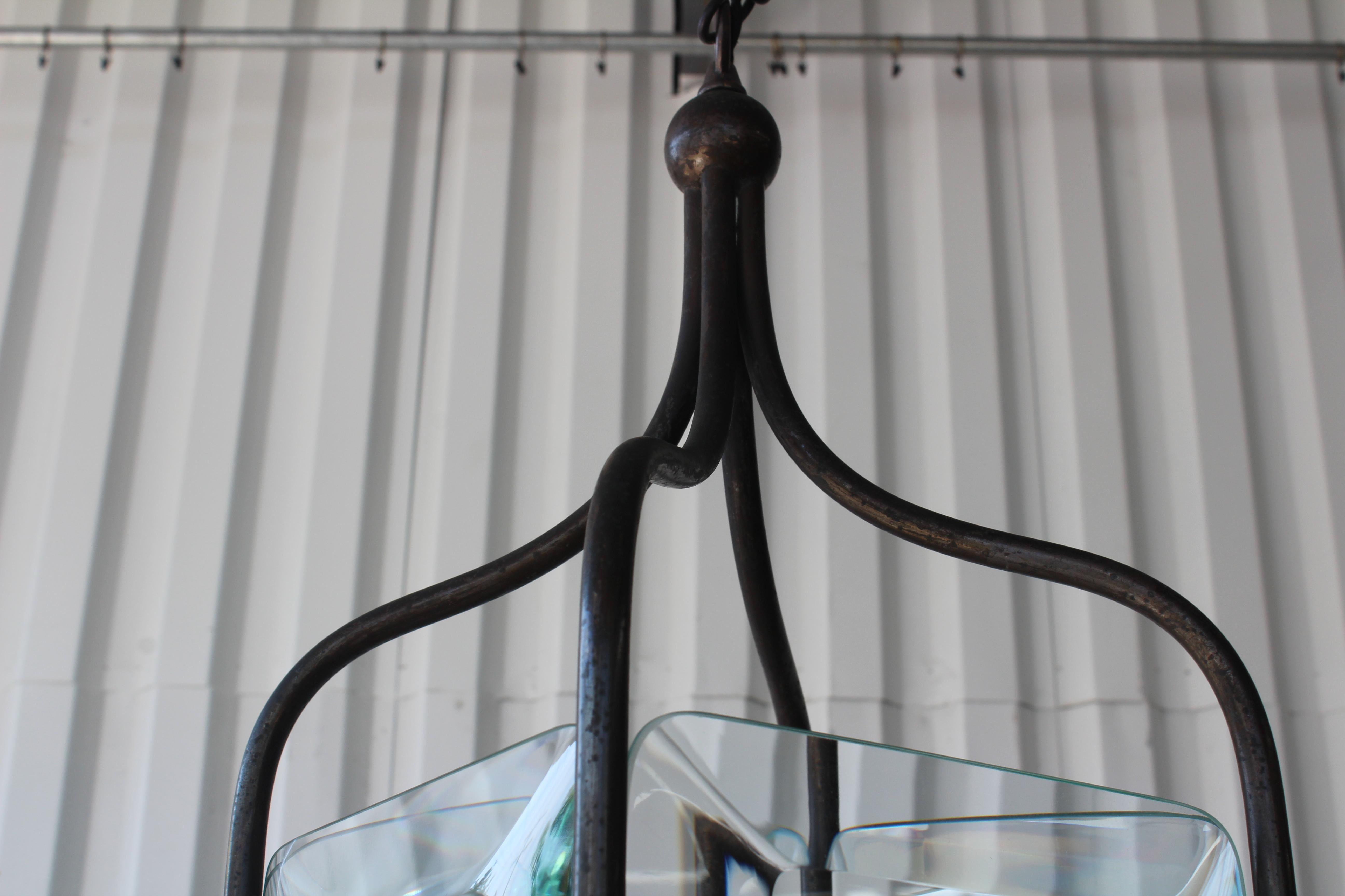 Vintage Bronze & Glass Pendant Light, France, 1940s. In Good Condition In Los Angeles, CA