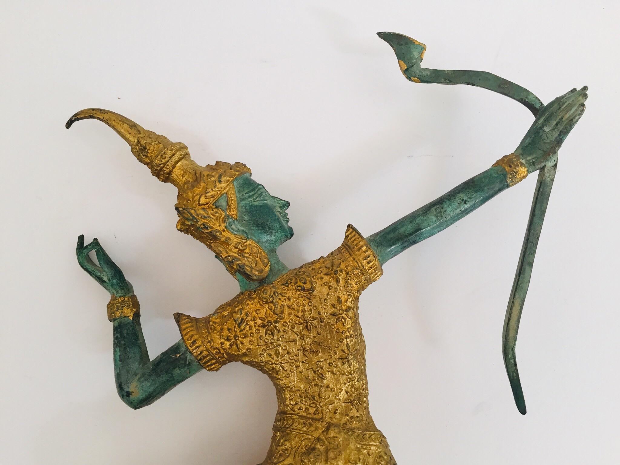 Vintage Bronze Gold and Green Thai Figurine of Prince Rama with a Bow 4