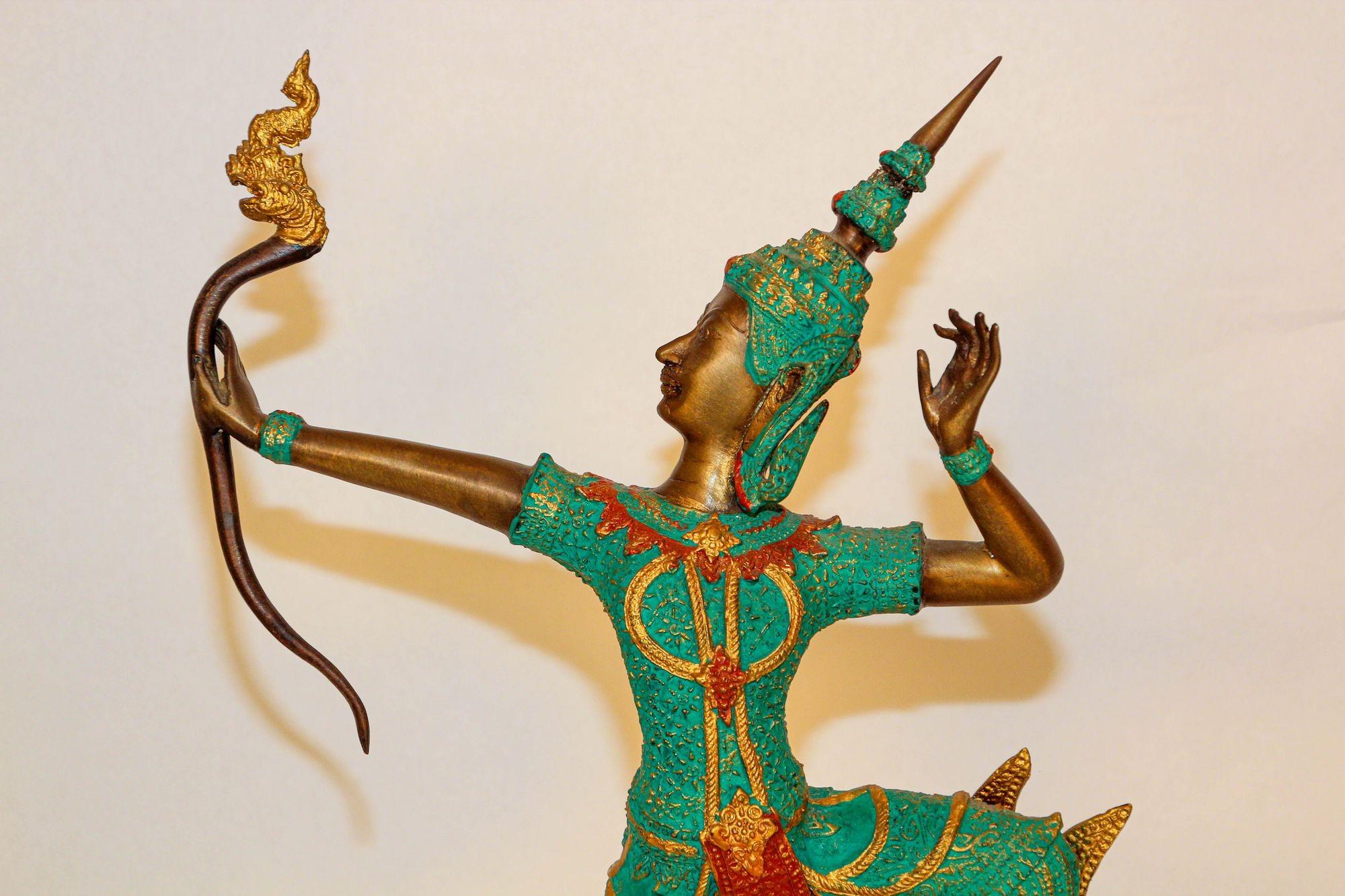 Vintage Bronze Gold und Grün Thai Figur von Prince Rama mit einer Schleife im Angebot 4