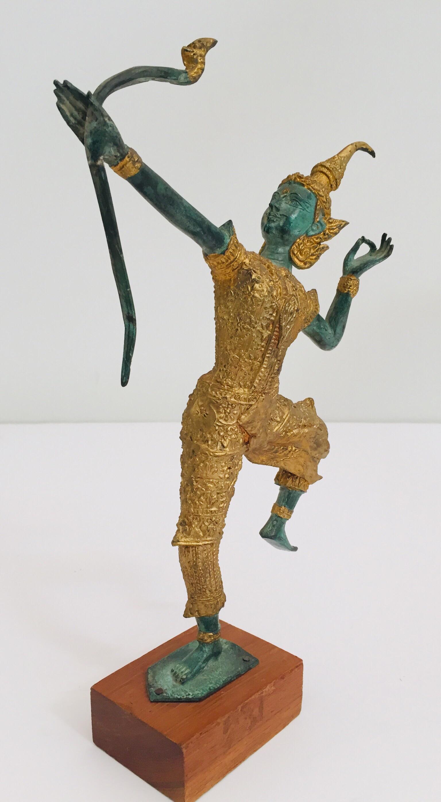 Vintage Bronze Gold and Green Thai Figurine of Prince Rama with a Bow 6