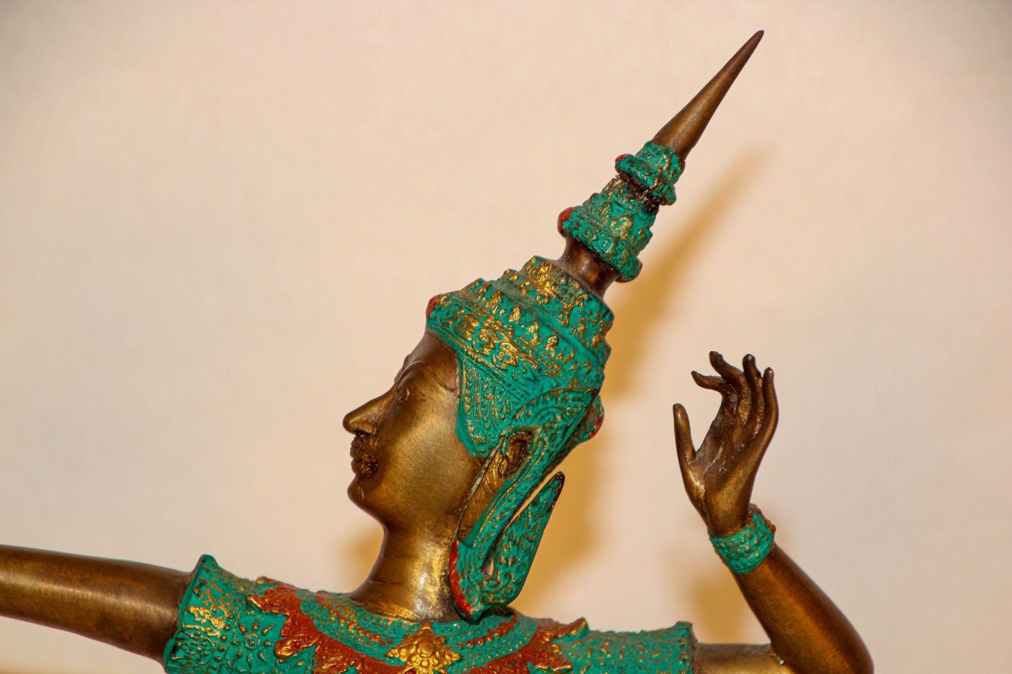 Vintage Bronze Gold and Green Thai Figurine of Prince Rama with a Bow For Sale 5