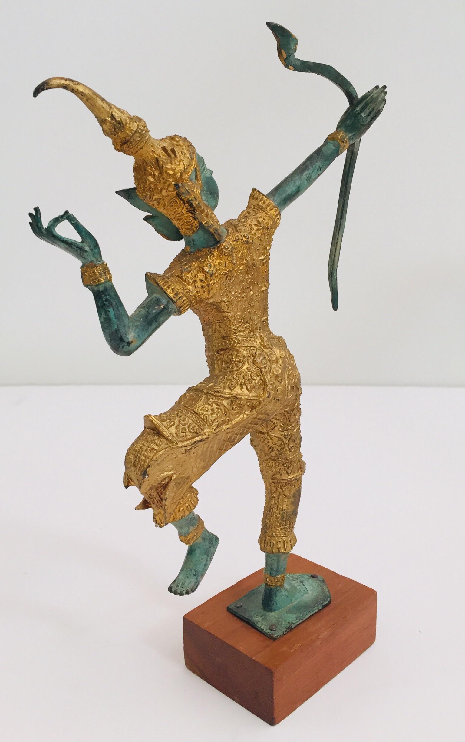 Vintage Bronze Gold and Green Thai Figurine of Prince Rama with a Bow 8