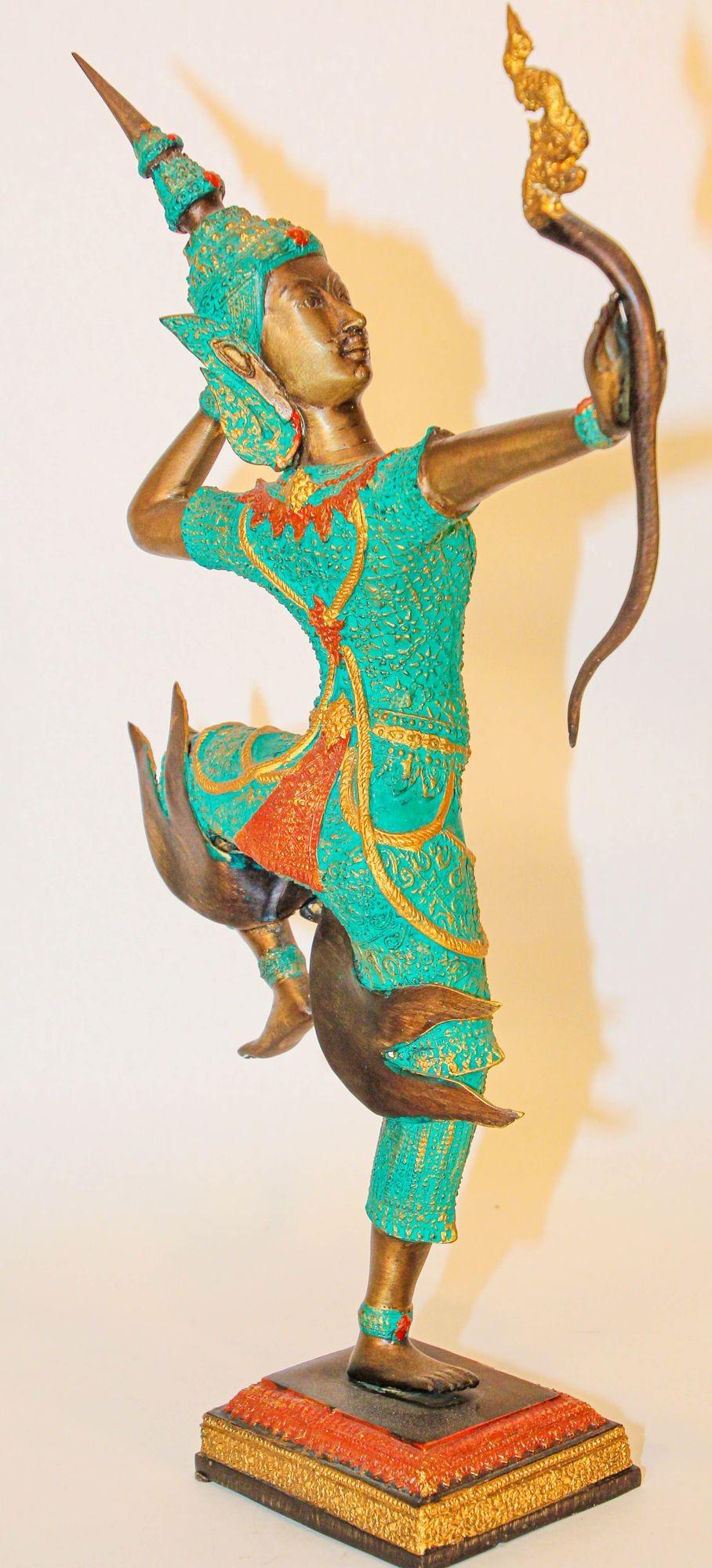 Vintage Bronze Gold and Green Thai Figurine of Prince Rama with a Bow For Sale 8