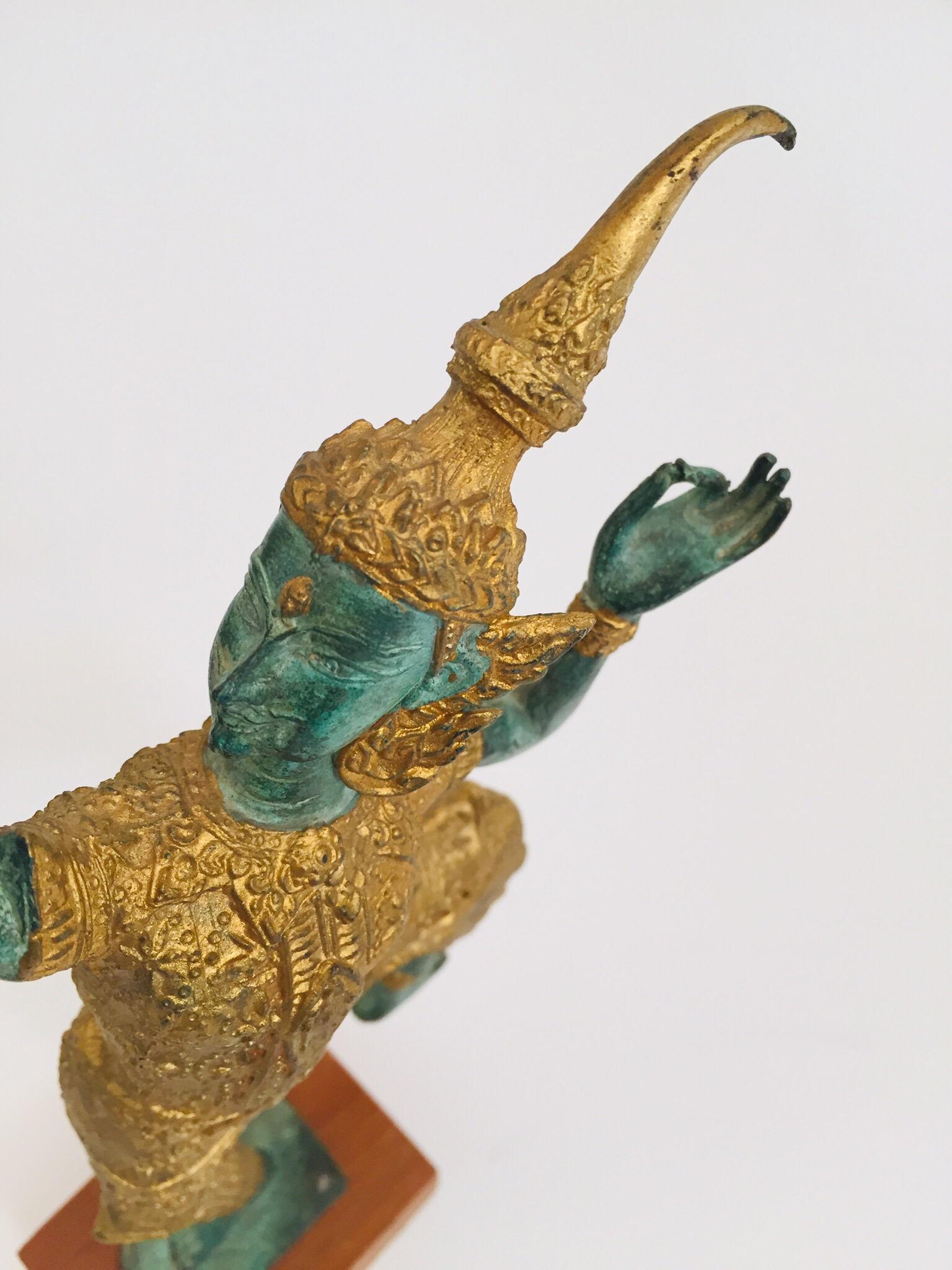 Vintage Bronze Gold and Green Thai Figurine of Prince Rama with a Bow 10