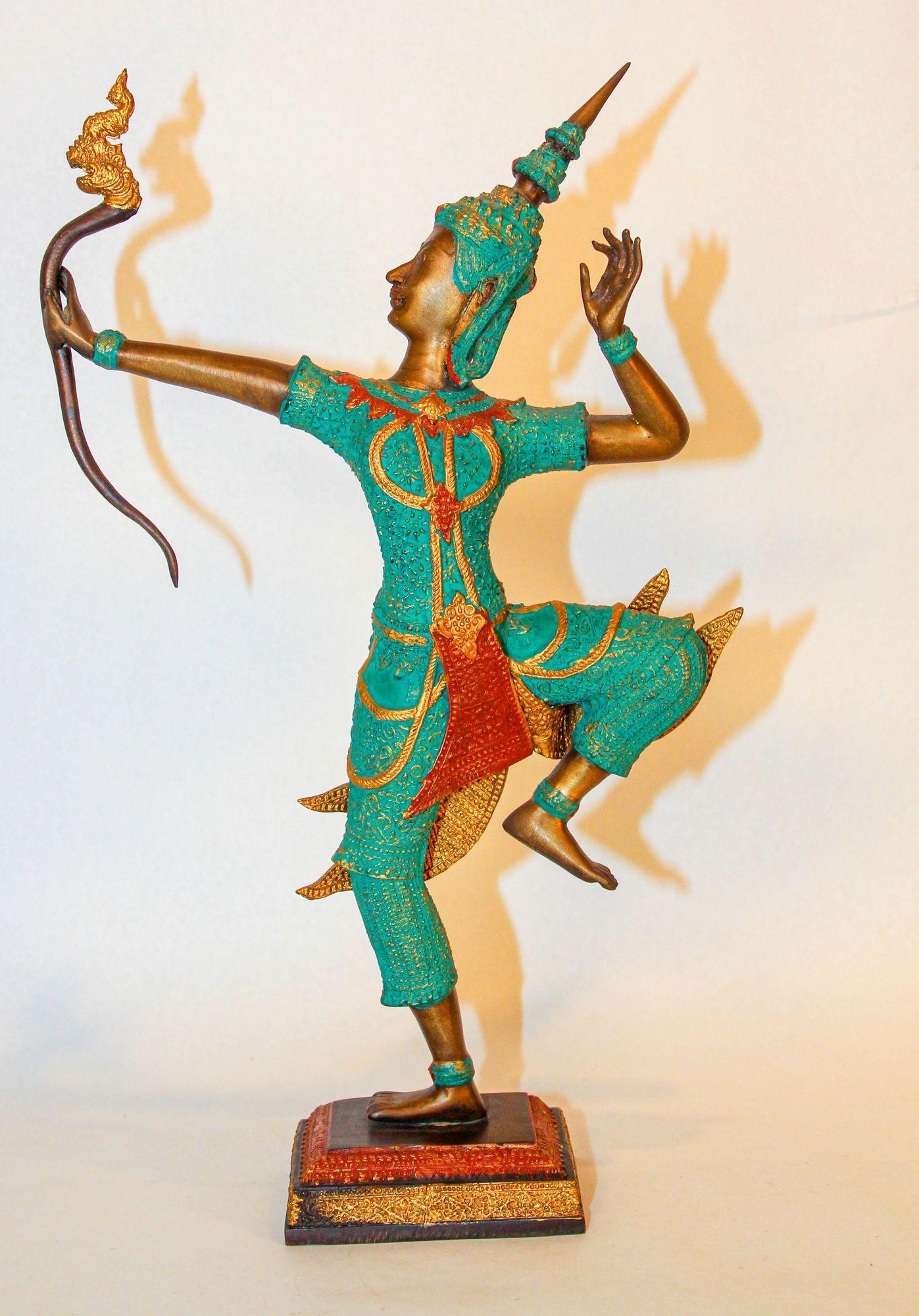 Vintage Bronze Gold und Grün Thai Figur von Prince Rama mit einer Schleife im Angebot 10