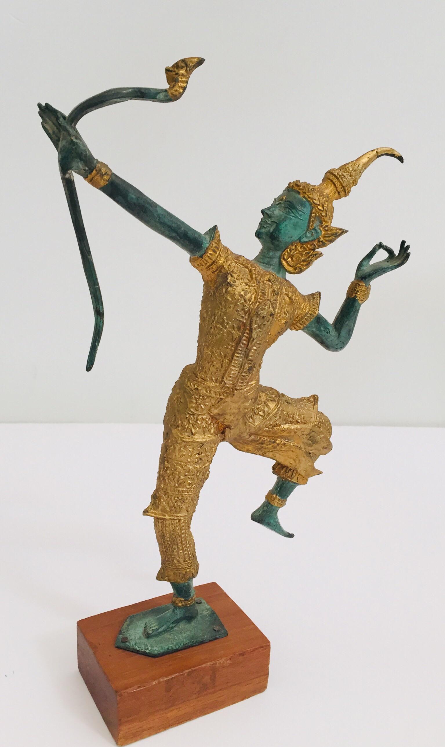 Folk Art Vintage Bronze Gold and Green Thai Figurine of Prince Rama with a Bow