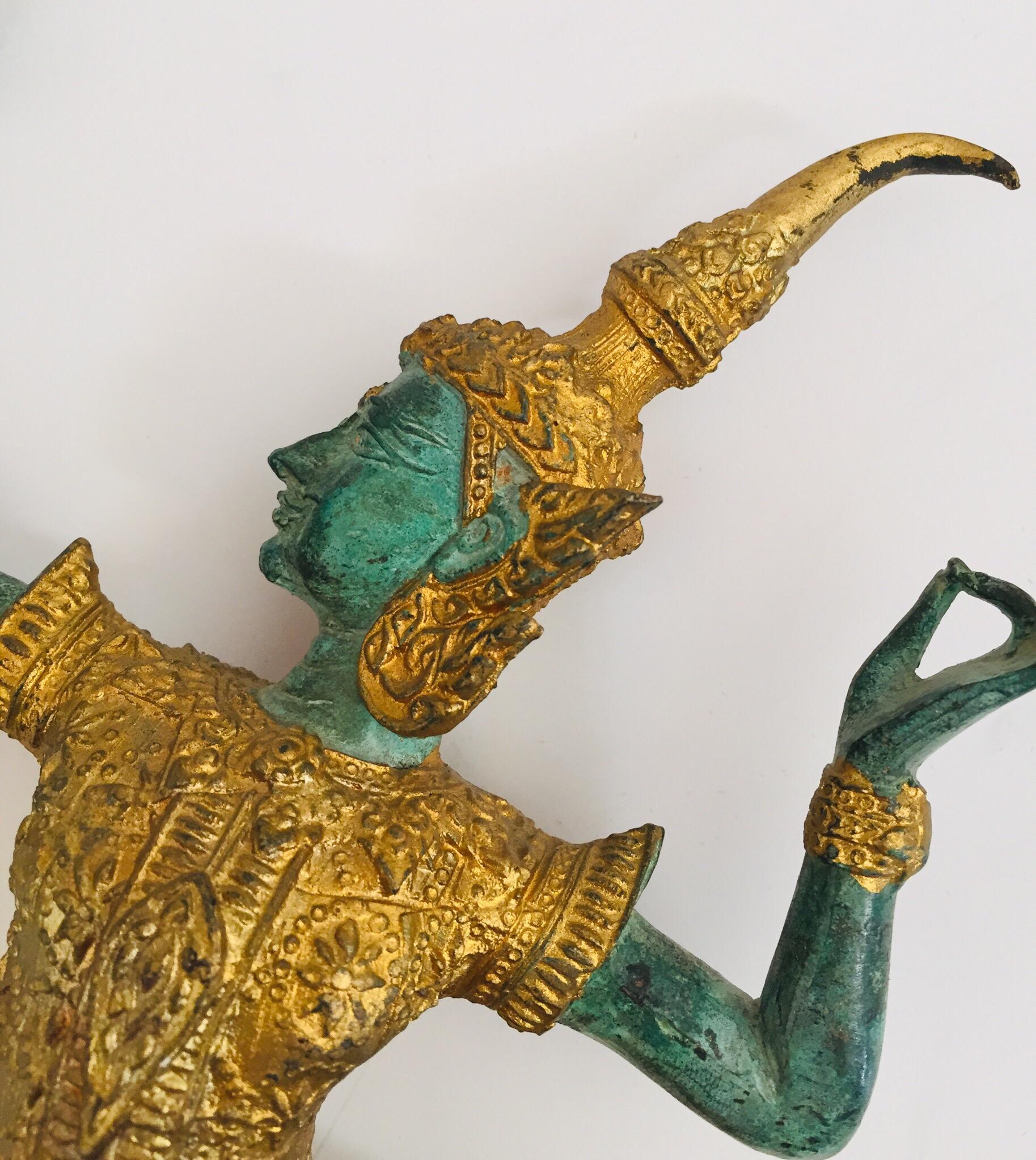 Cast Vintage Bronze Gold and Green Thai Figurine of Prince Rama with a Bow