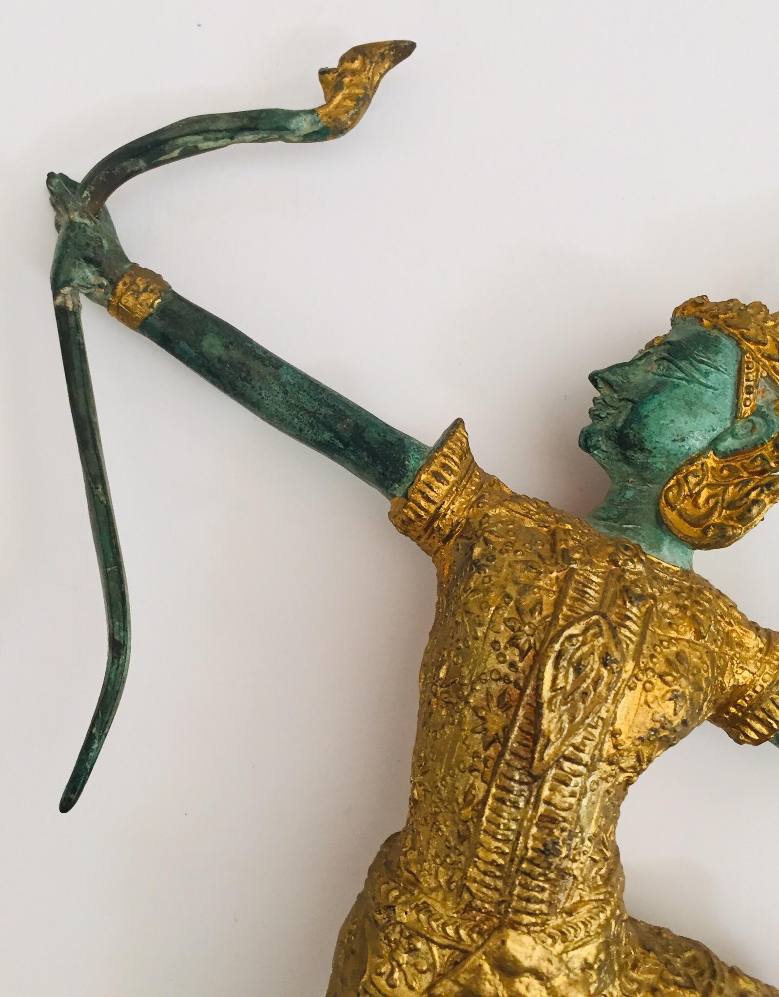 Vintage Bronze Gold and Green Thai Figurine of Prince Rama with a Bow In Good Condition In North Hollywood, CA