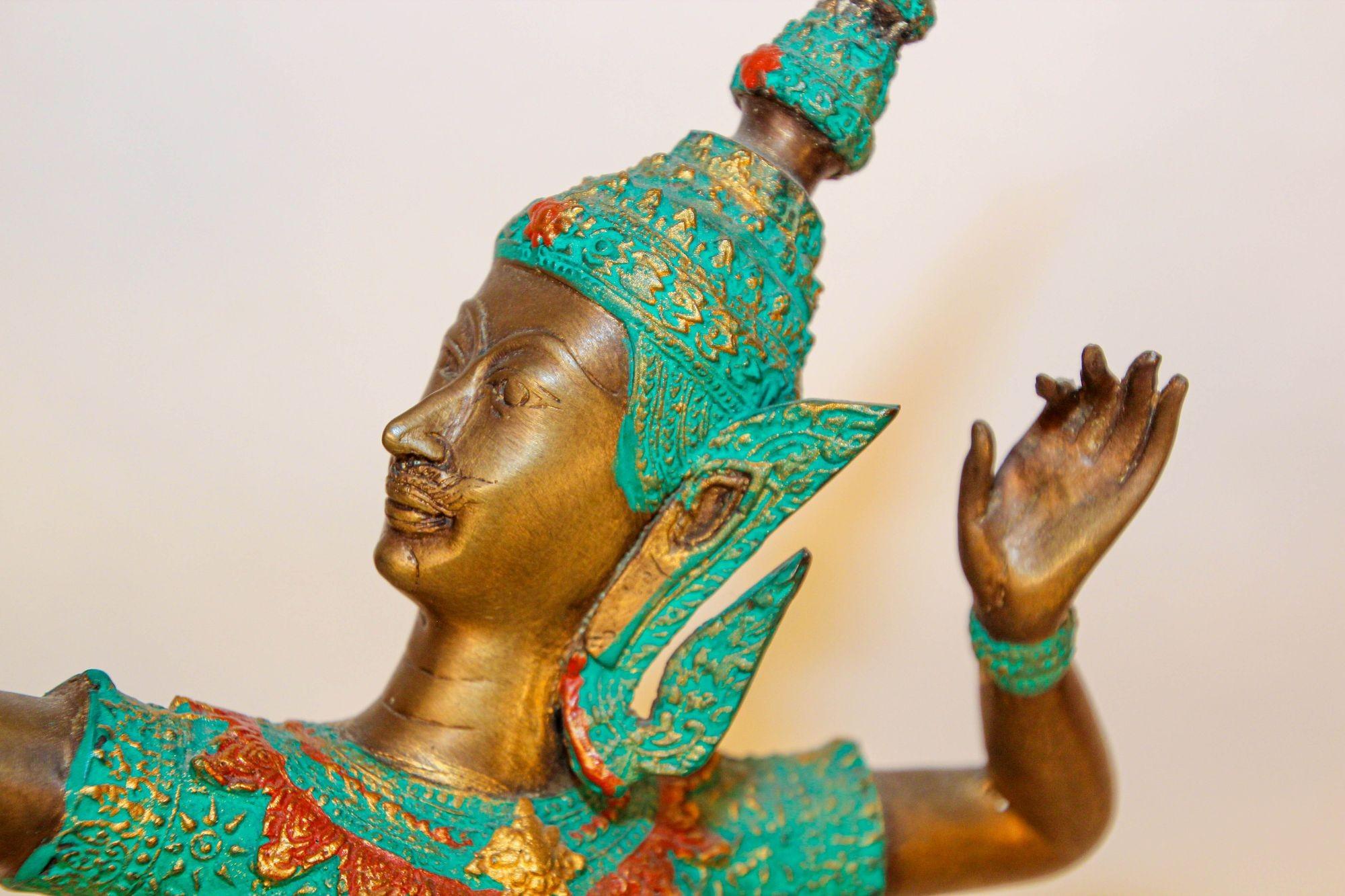 Cast Vintage Bronze Gold and Green Thai Figurine of Prince Rama with a Bow For Sale