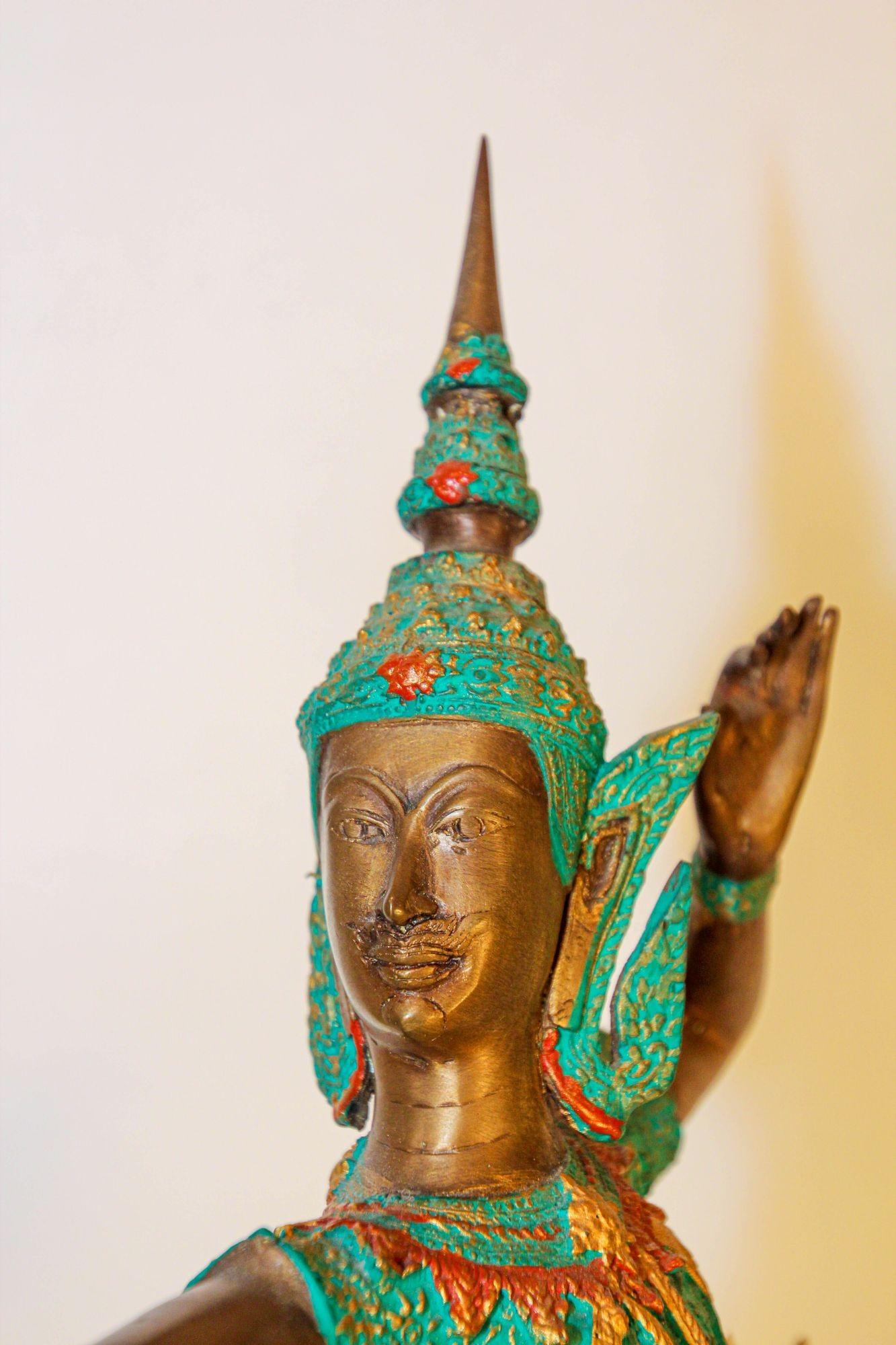 Vintage Bronze Gold and Green Thai Figurine of Prince Rama with a Bow In Good Condition For Sale In North Hollywood, CA