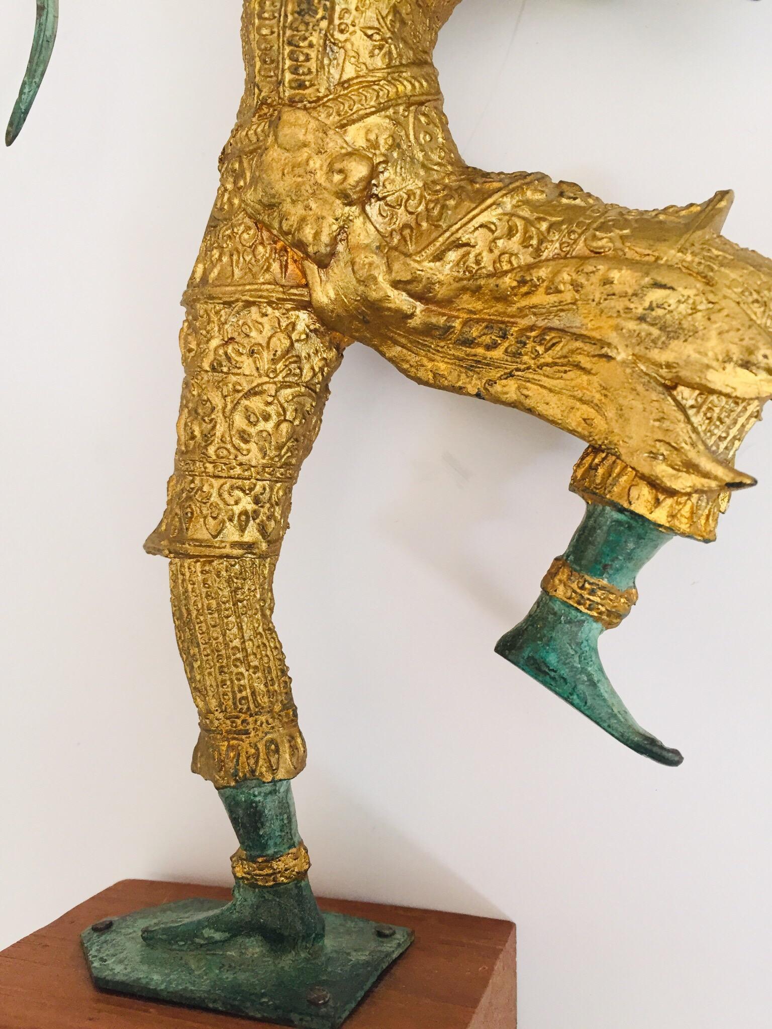 Vintage Bronze Gold and Green Thai Figurine of Prince Rama with a Bow 2