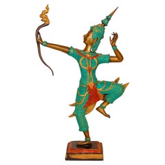 Figurine thaïlandaise vintage en bronze, or et vert représentant le Prince Rama avec un arc