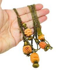 Vintage bronze gold tone chain molded lucite coral charms necklace 1980's