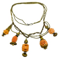 Vintage bronze gold tone chain molded lucite coral charms necklace 1980's