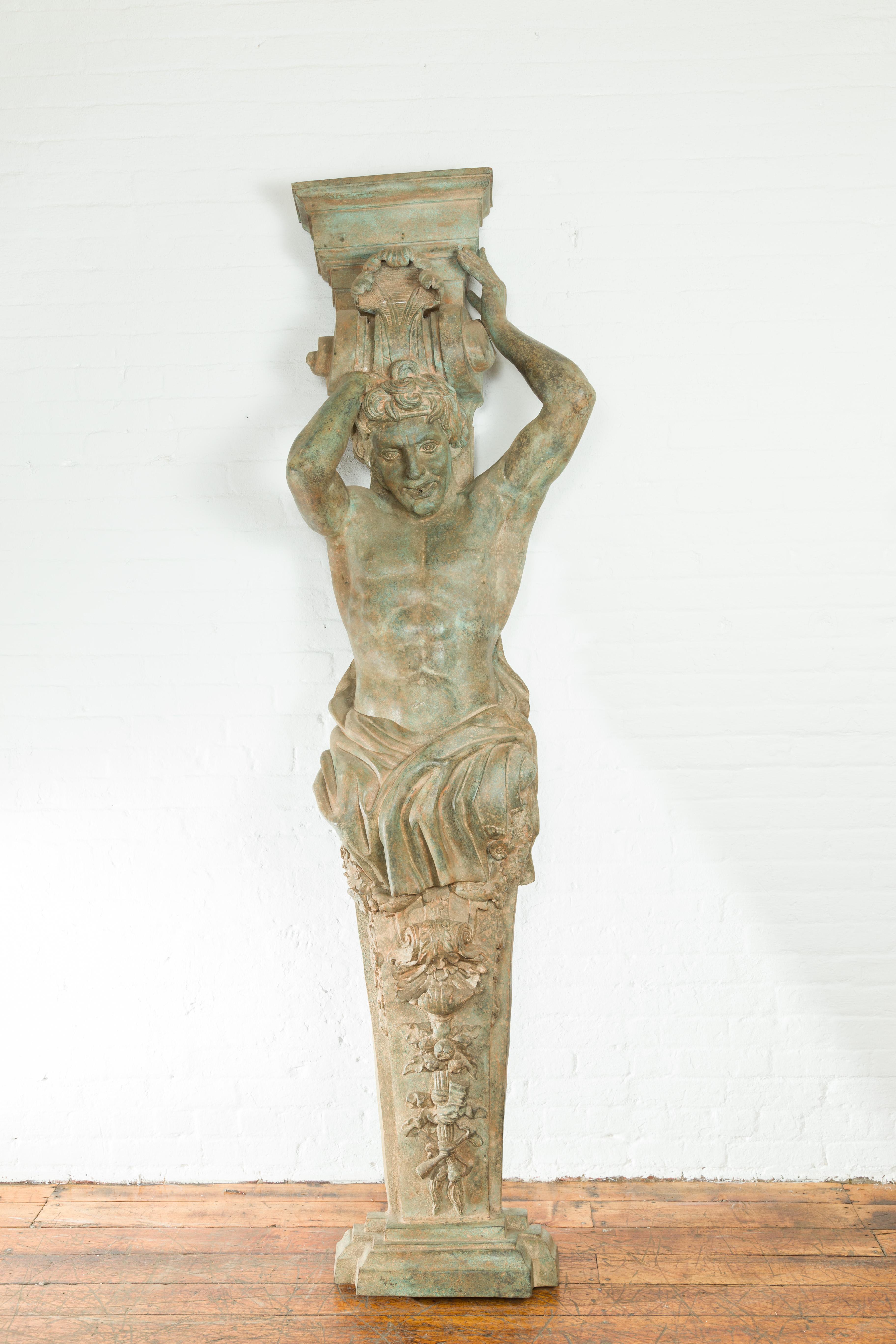 Fontaine à terme en bronze vintage de style Greco-Romain Telamon avec Patina Verdigris en vente 12