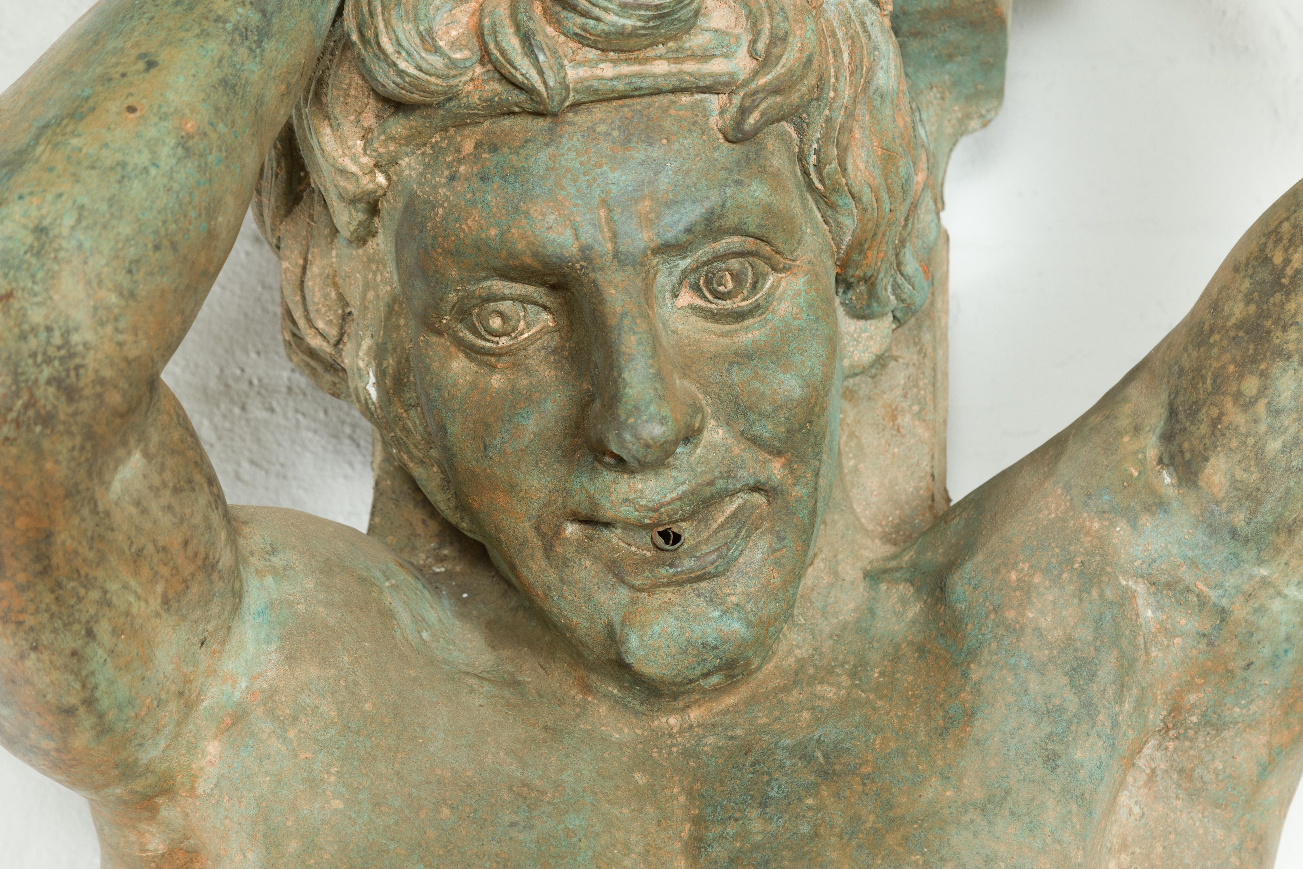Vintage Bronze Greco-Roman Style Telamon Term Fountain with Verdigris Patina For Sale 11