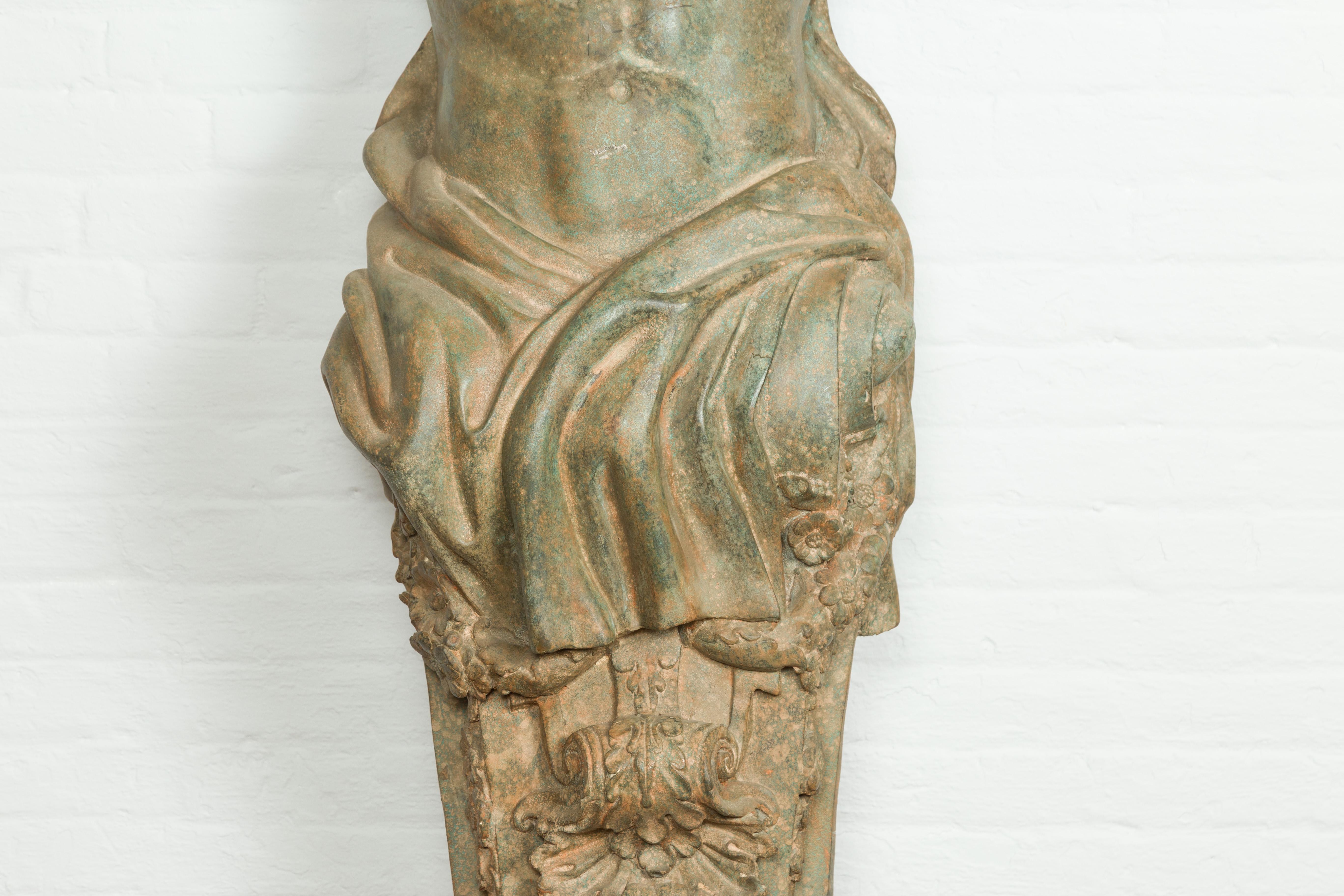 Bronze Fontaine à terme en bronze vintage de style Greco-Romain Telamon avec Patina Verdigris en vente