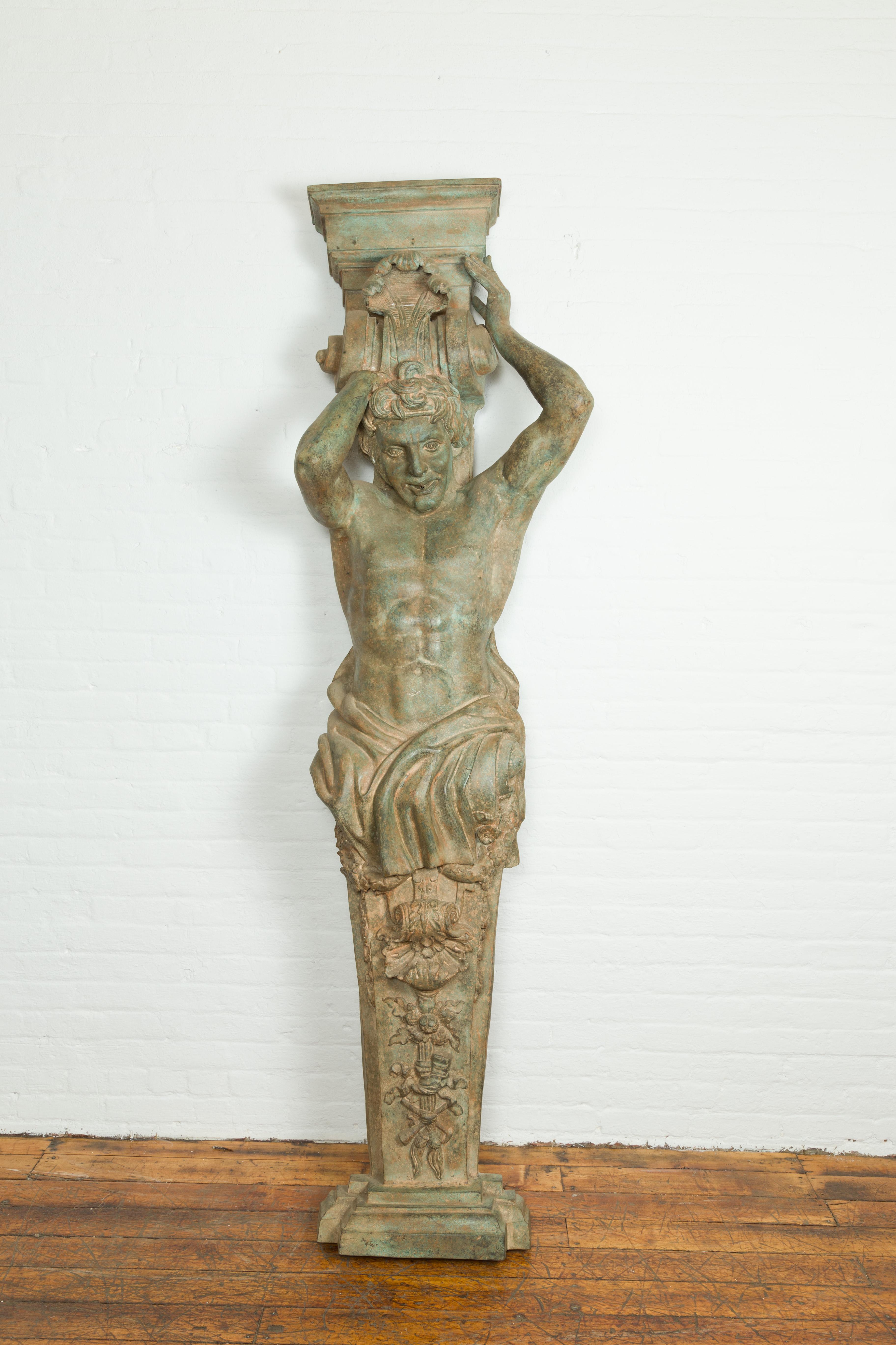Vintage Bronze Greco-Roman Style Telamon Term Fountain with Verdigris Patina In Good Condition For Sale In Yonkers, NY