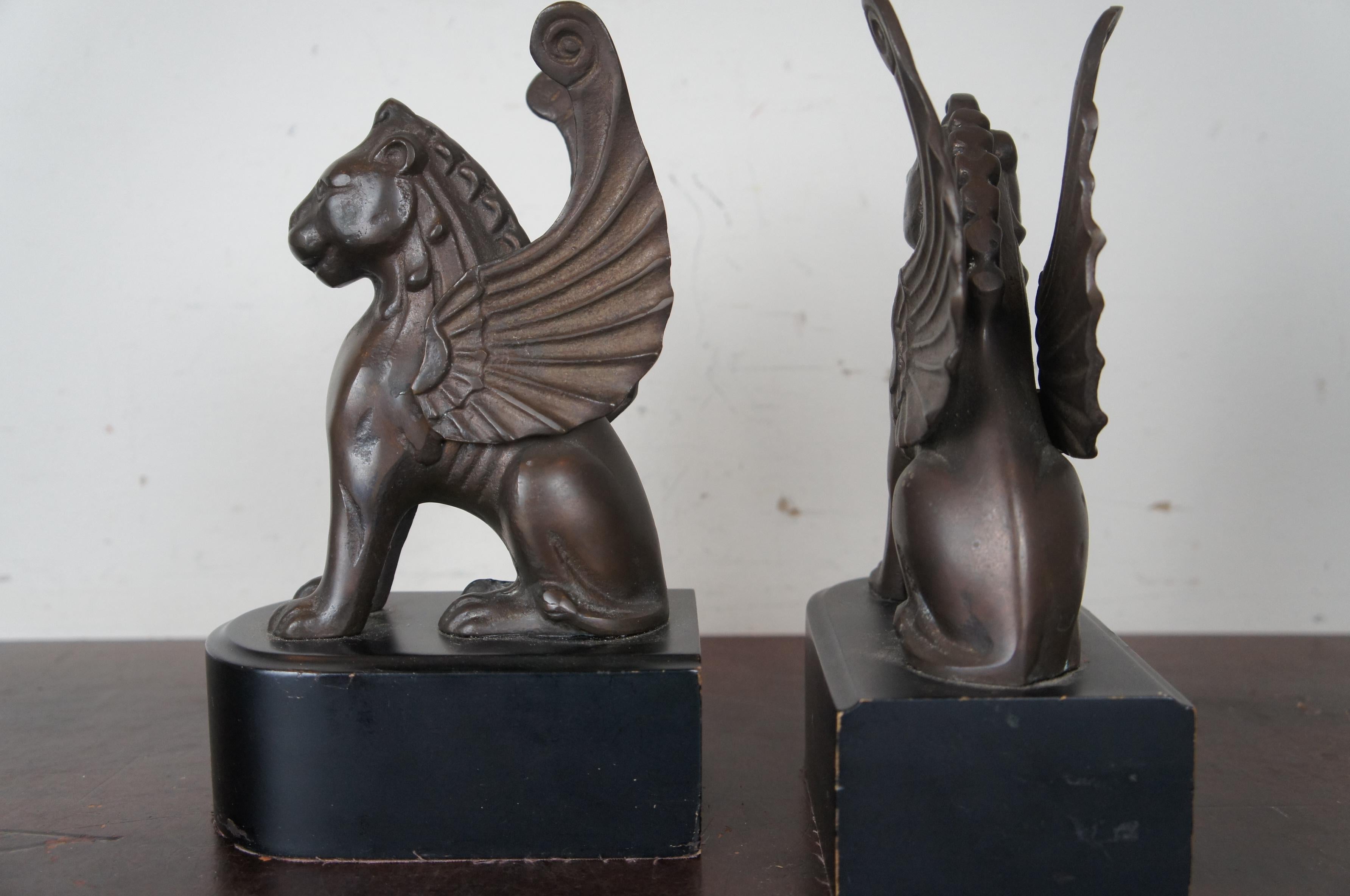Neoclassical Vintage Bronze Griffin Gryphon Gargoyle Winged Lion Library Sculptural Bookends