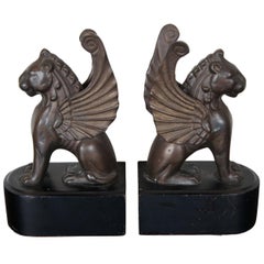 Vintage Bronze Griffin Gryphon Gargoyle Winged Lion Library Sculptural Bookends