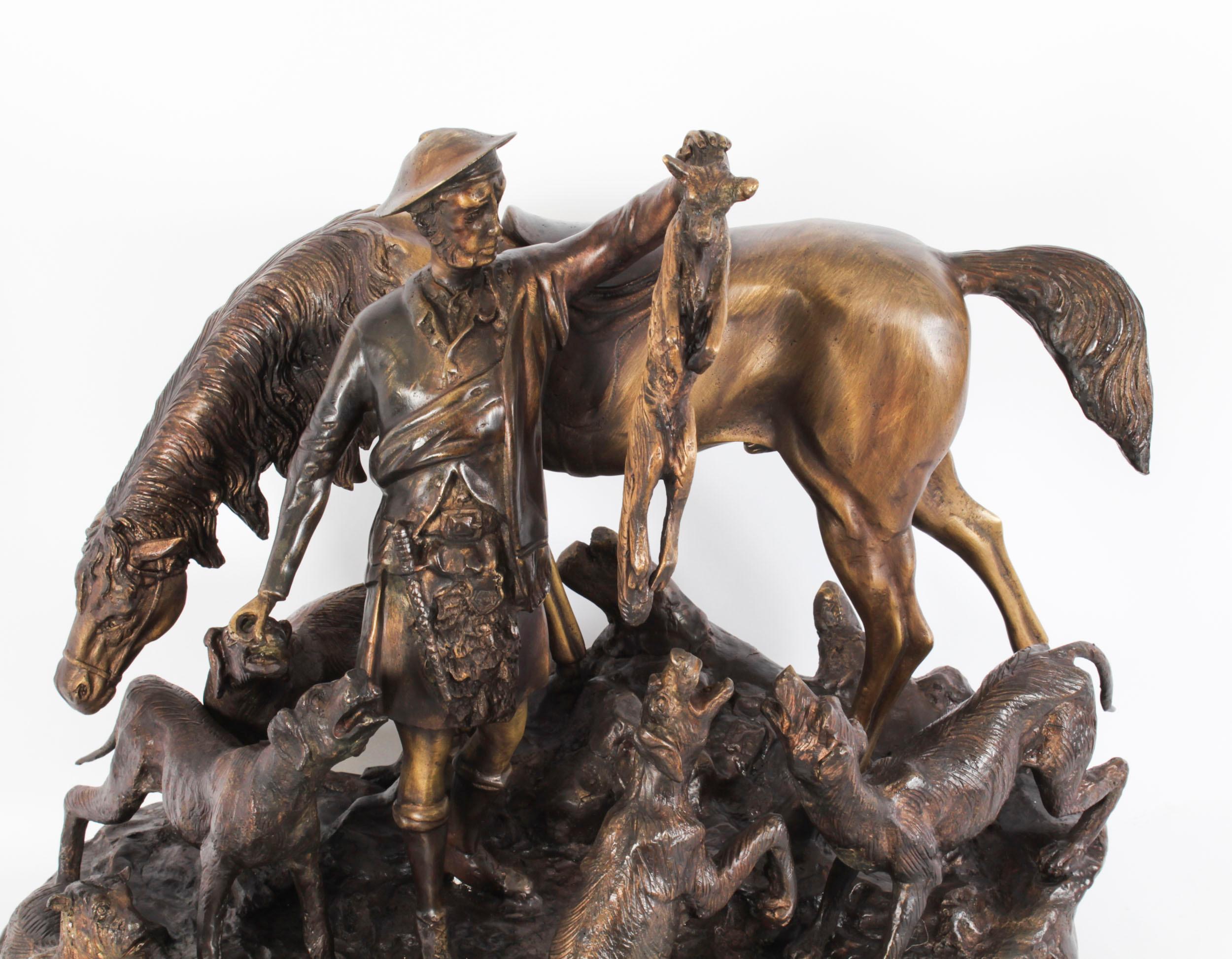 Patinated Vintage Bronze Group Hunter & Hounds with Fox Late 20th Century For Sale