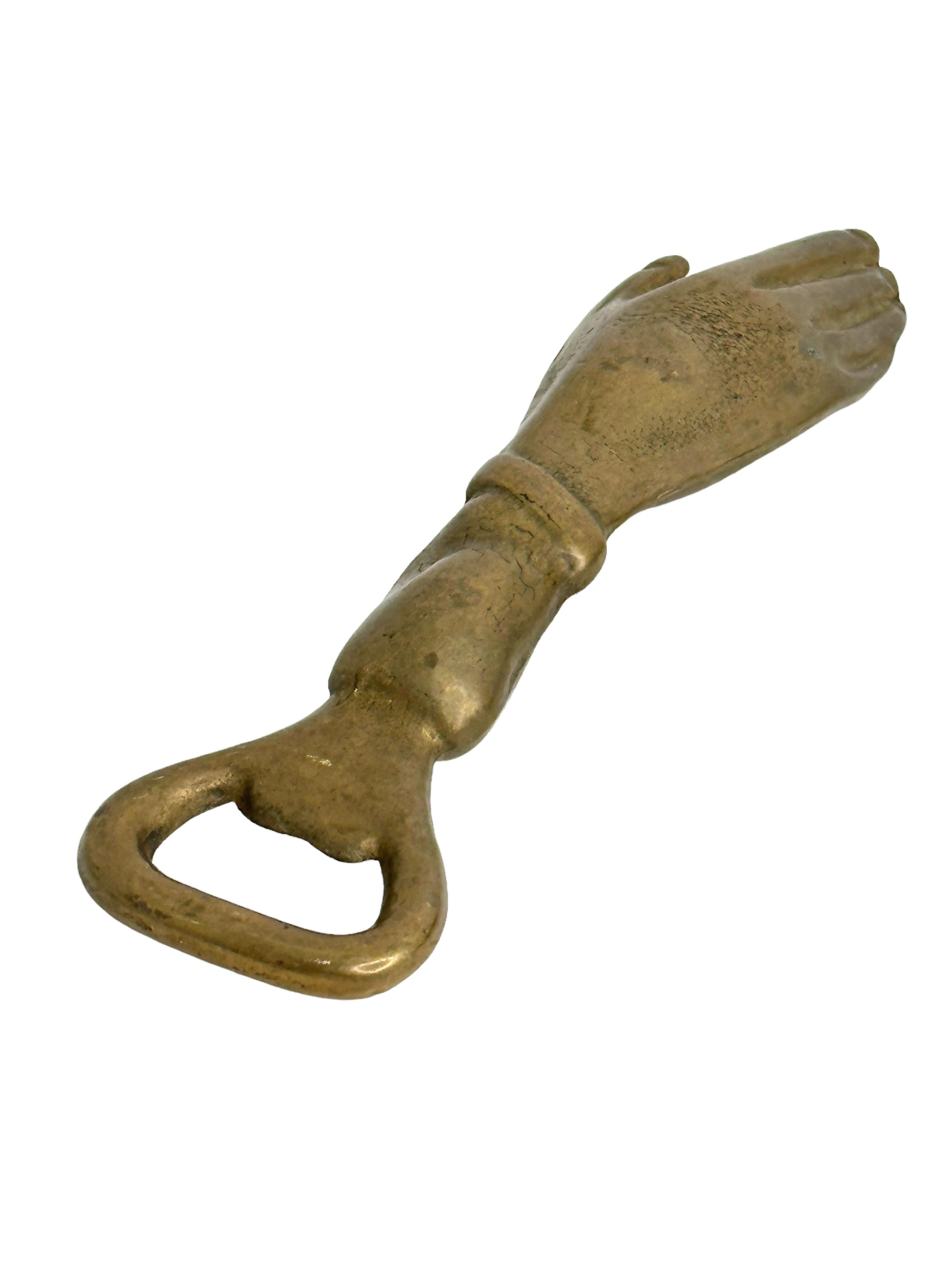 Vintage Bronze Hand Bottle Opener Mid-Century Modern Metal Breweriana Barware For Sale 1