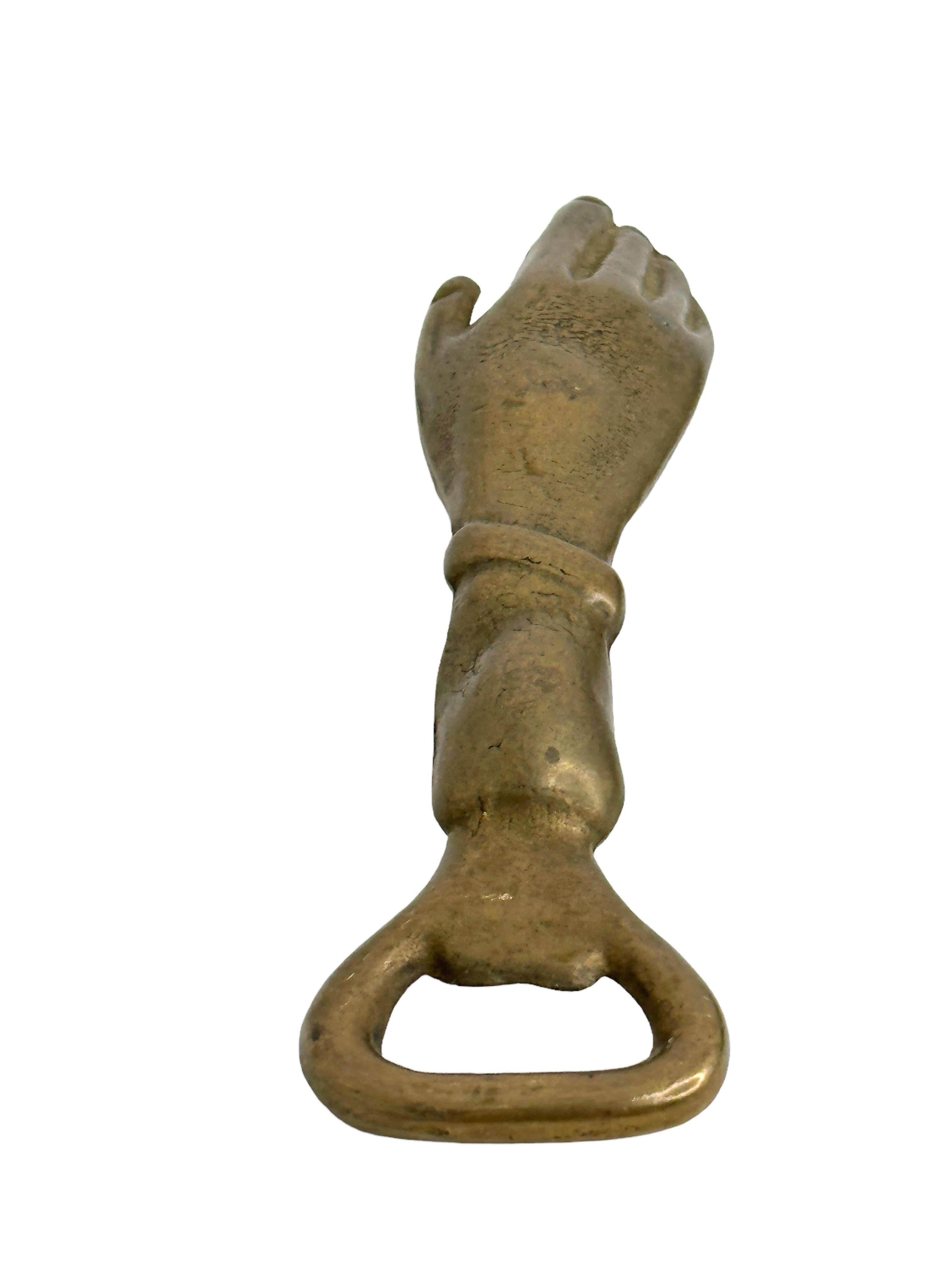 Vintage Bronze Hand Bottle Opener Mid-Century Modern Metal Breweriana Barware For Sale 2
