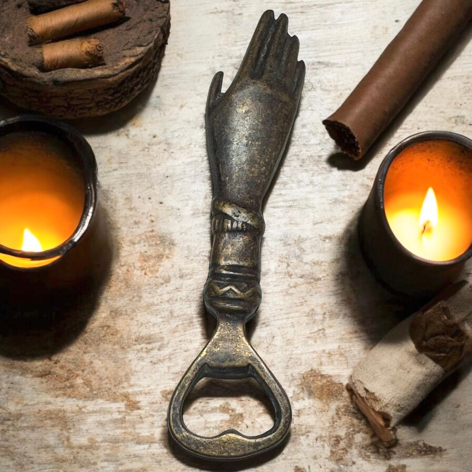 Vintage Bronze Hand Bottle Opener Mid-Century Modern Metal Breweriana Barware For Sale 3