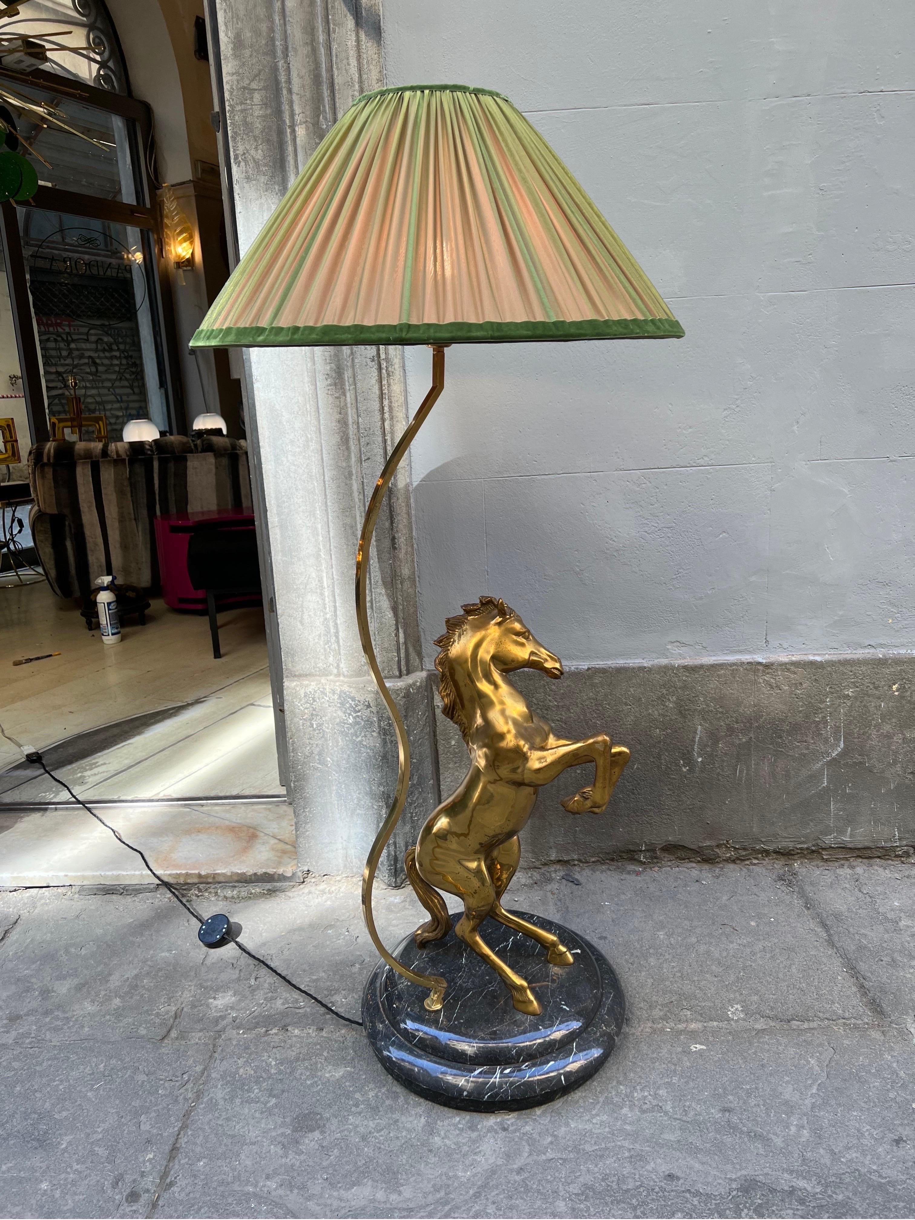 Italian Vintage Bronze Horse Floor Lamp with Round Marble Base, 1970s