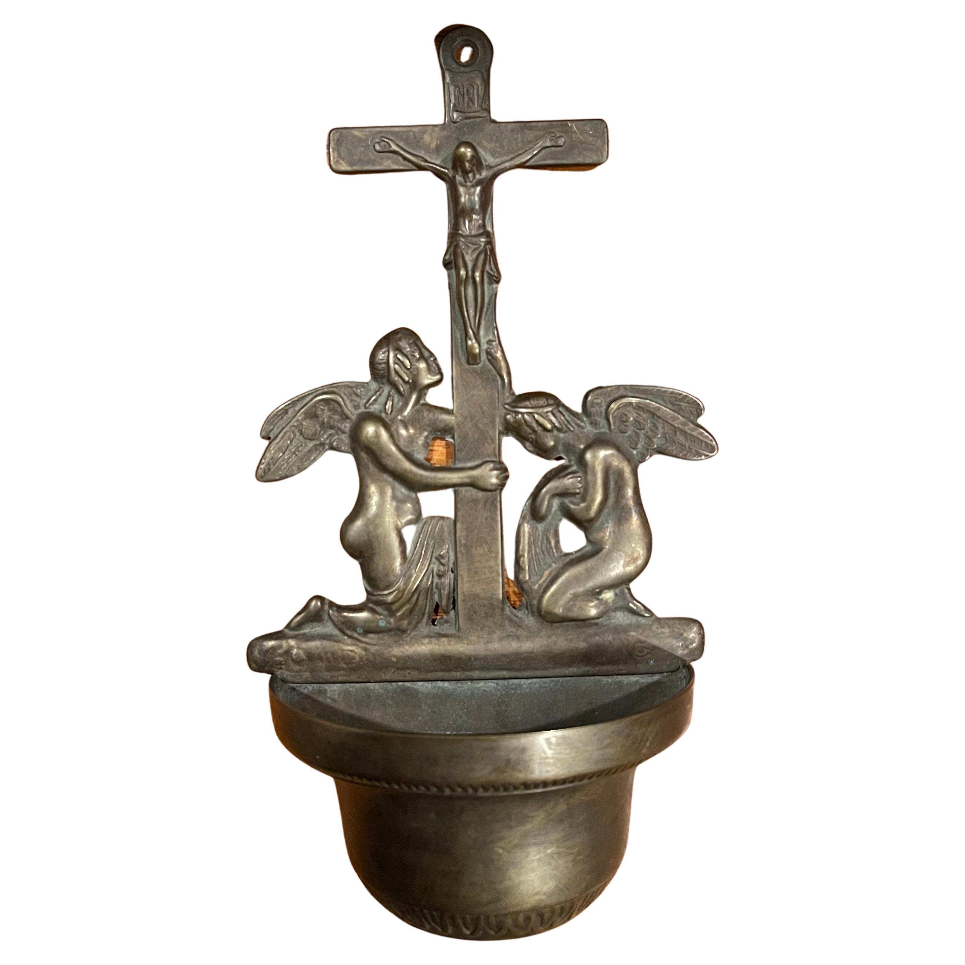 Vintage Bronze Italian Holy Water Bowl / Dispenser For Sale 7