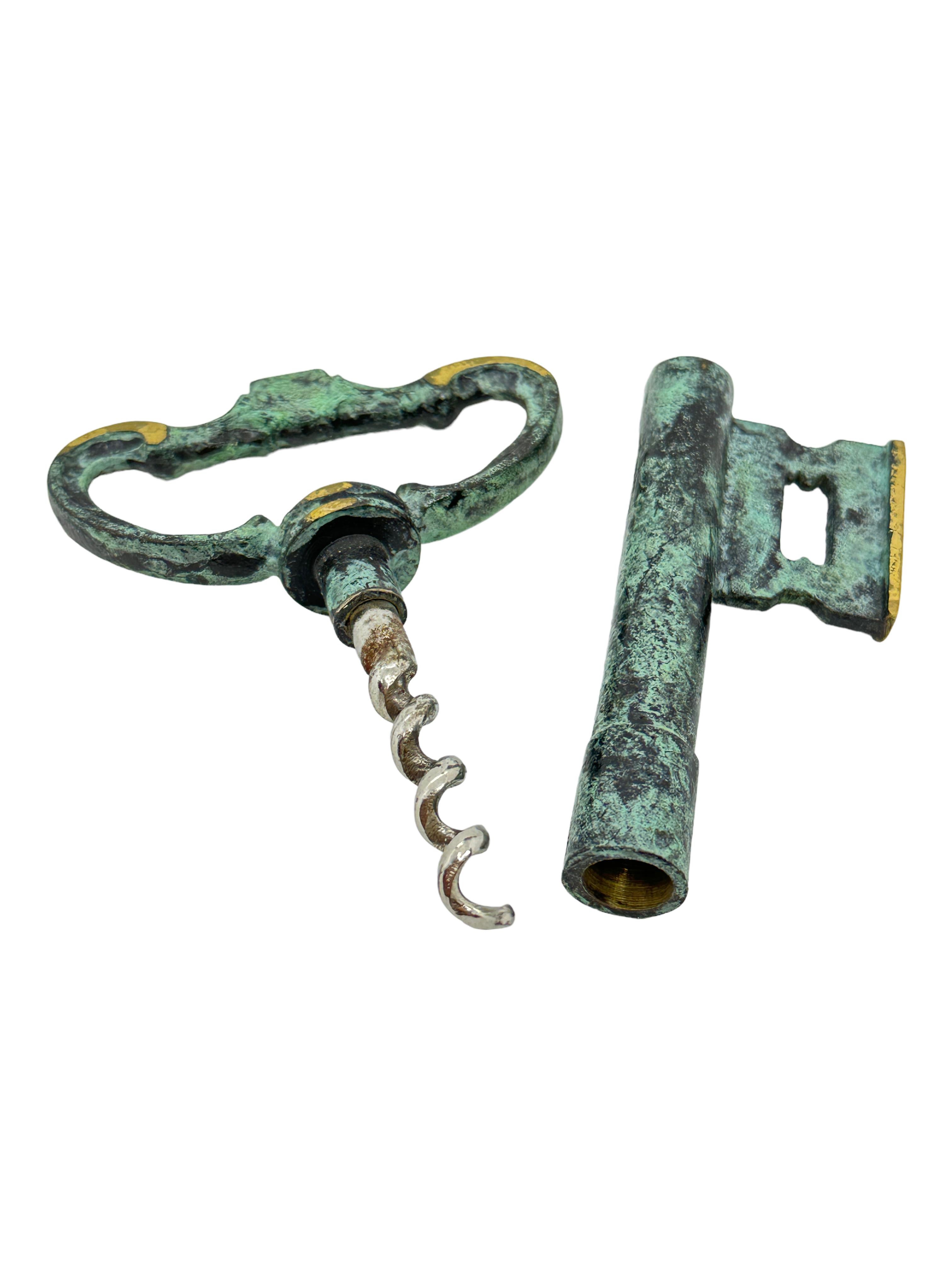 Mid-Century Modern Vintage Bronze Key Corkscrew and Bottle Opener Metal Breweriana Barware, Germany For Sale