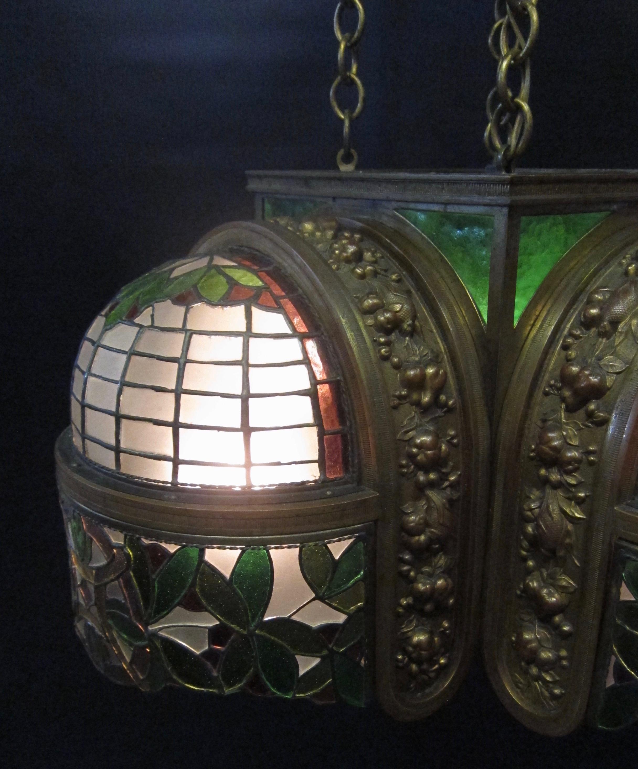 Early 20th Century Vintage Bronze and Leaded Glass 1920s-1930s Ceiling Fixture For Sale