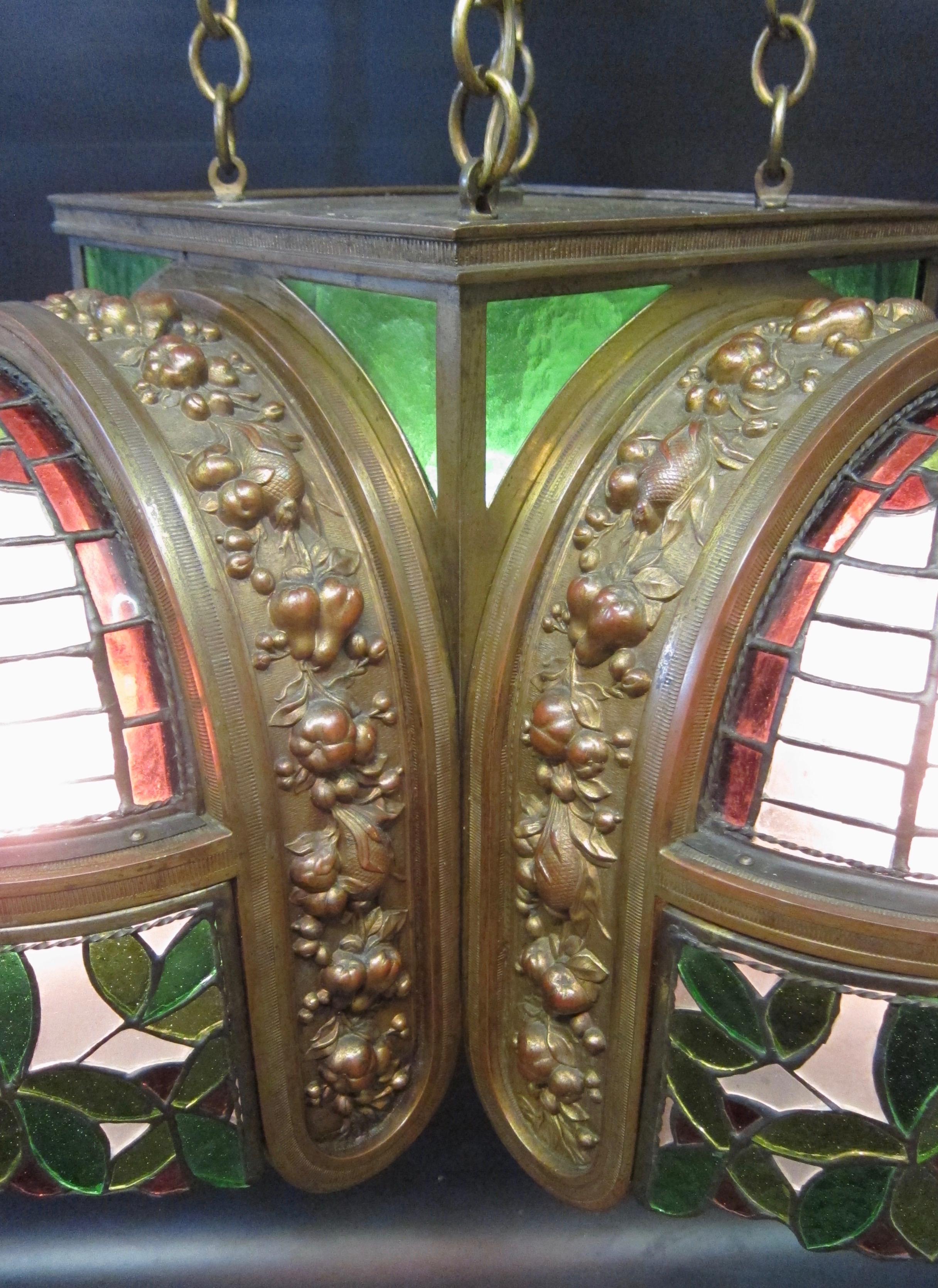 Vintage Bronze and Leaded Glass 1920s-1930s Ceiling Fixture For Sale 2