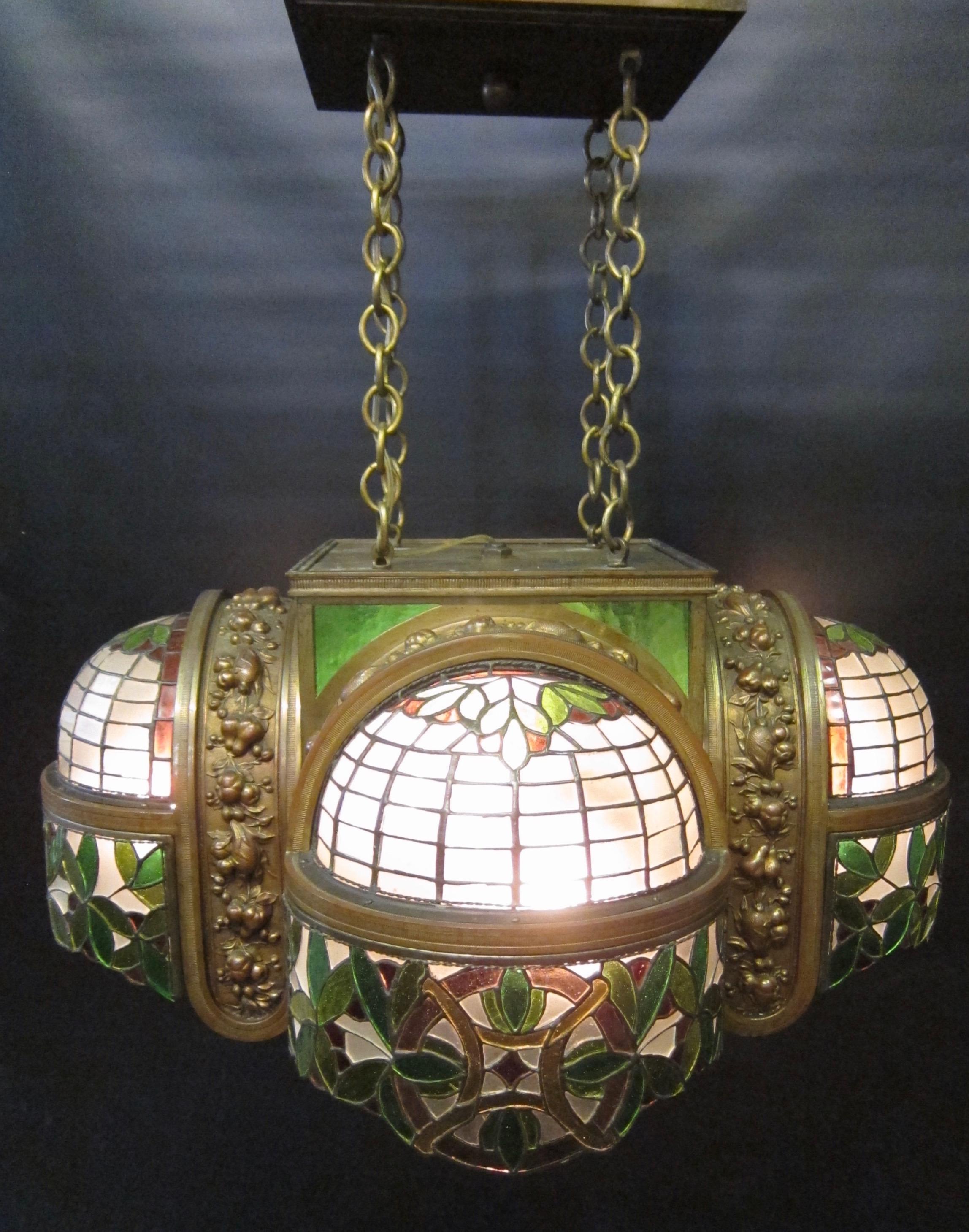Vintage Bronze and Leaded Glass 1920s-1930s Ceiling Fixture For Sale 3