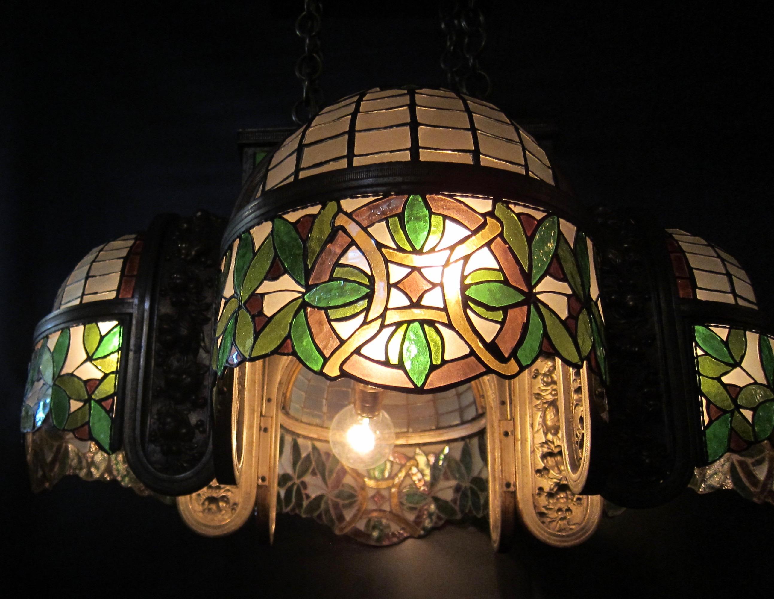 Vintage Bronze and Leaded Glass 1920s-1930s Ceiling Fixture 5