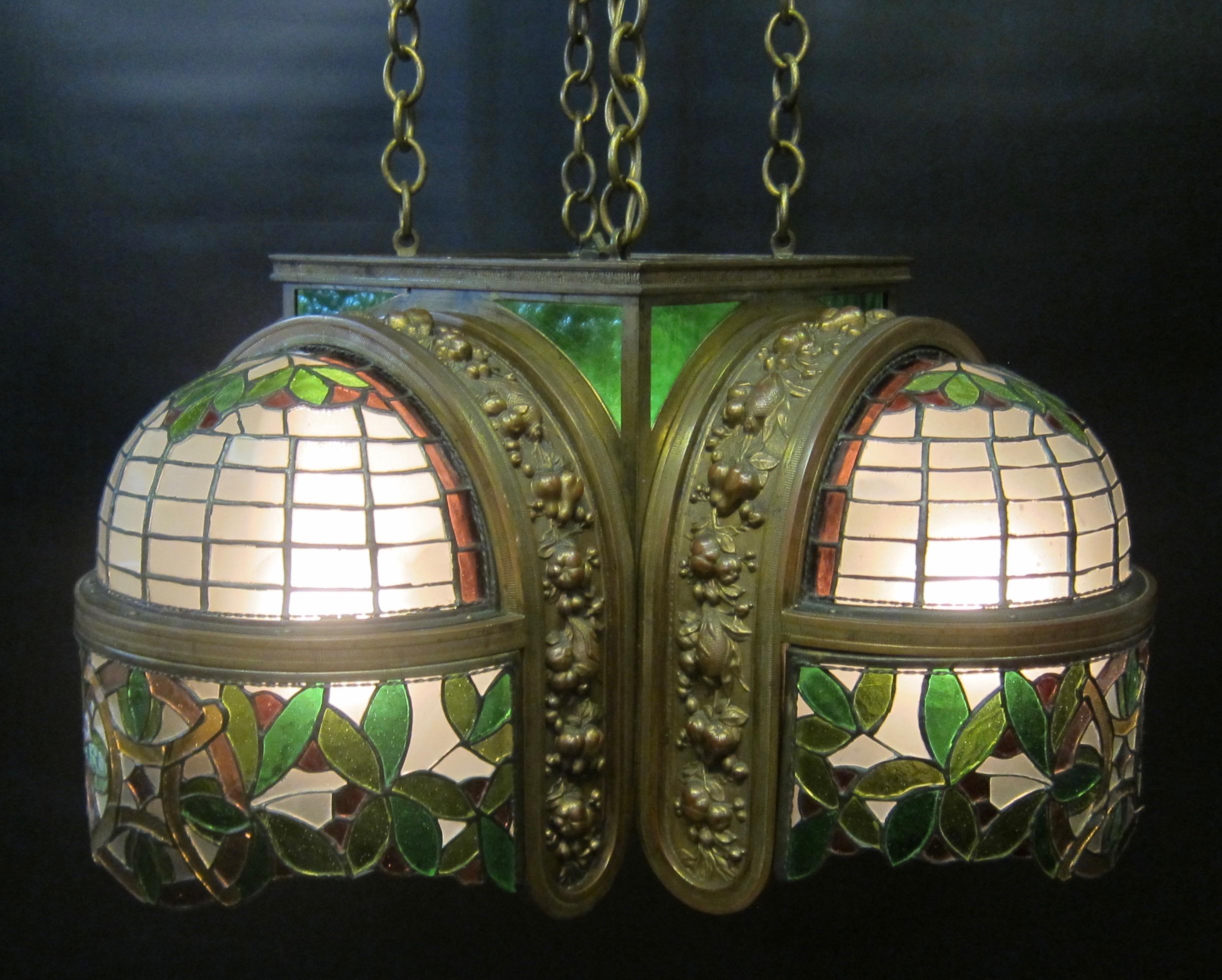 Art Deco Vintage Bronze and Leaded Glass 1920s-1930s Ceiling Fixture For Sale