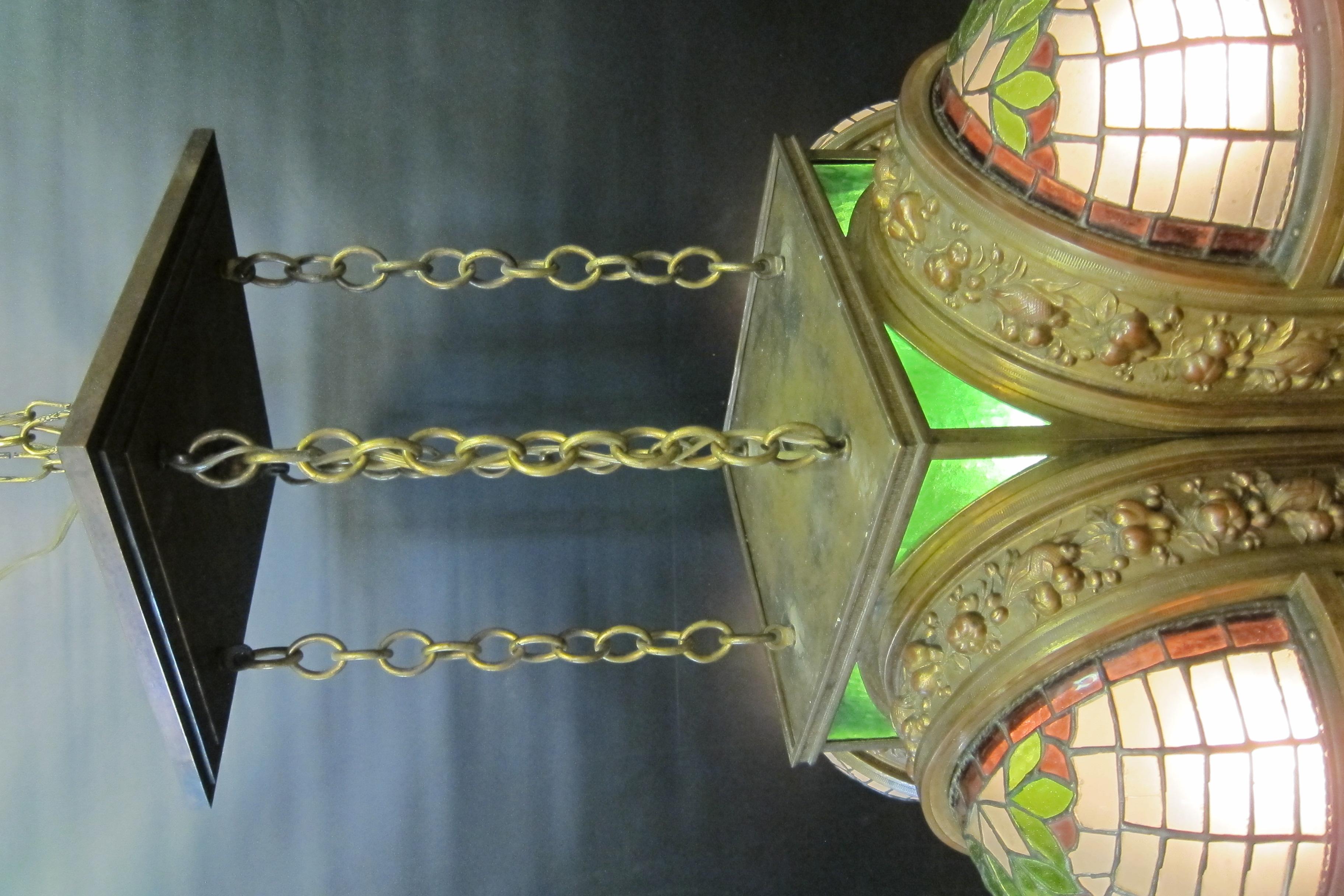 Patinated Vintage Bronze and Leaded Glass 1920s-1930s Ceiling Fixture For Sale