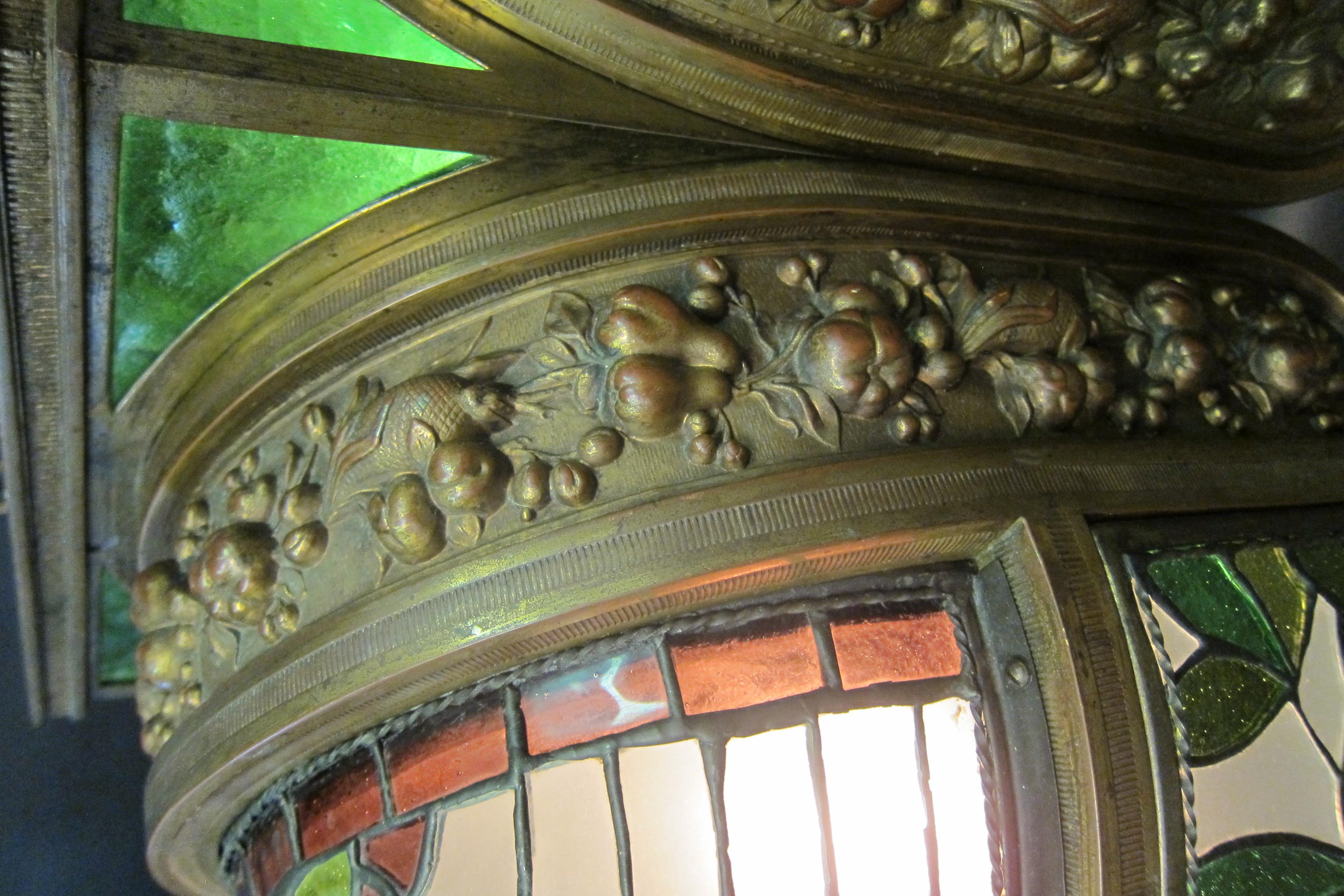 Vintage Bronze and Leaded Glass 1920s-1930s Ceiling Fixture In Good Condition In Bronx, NY