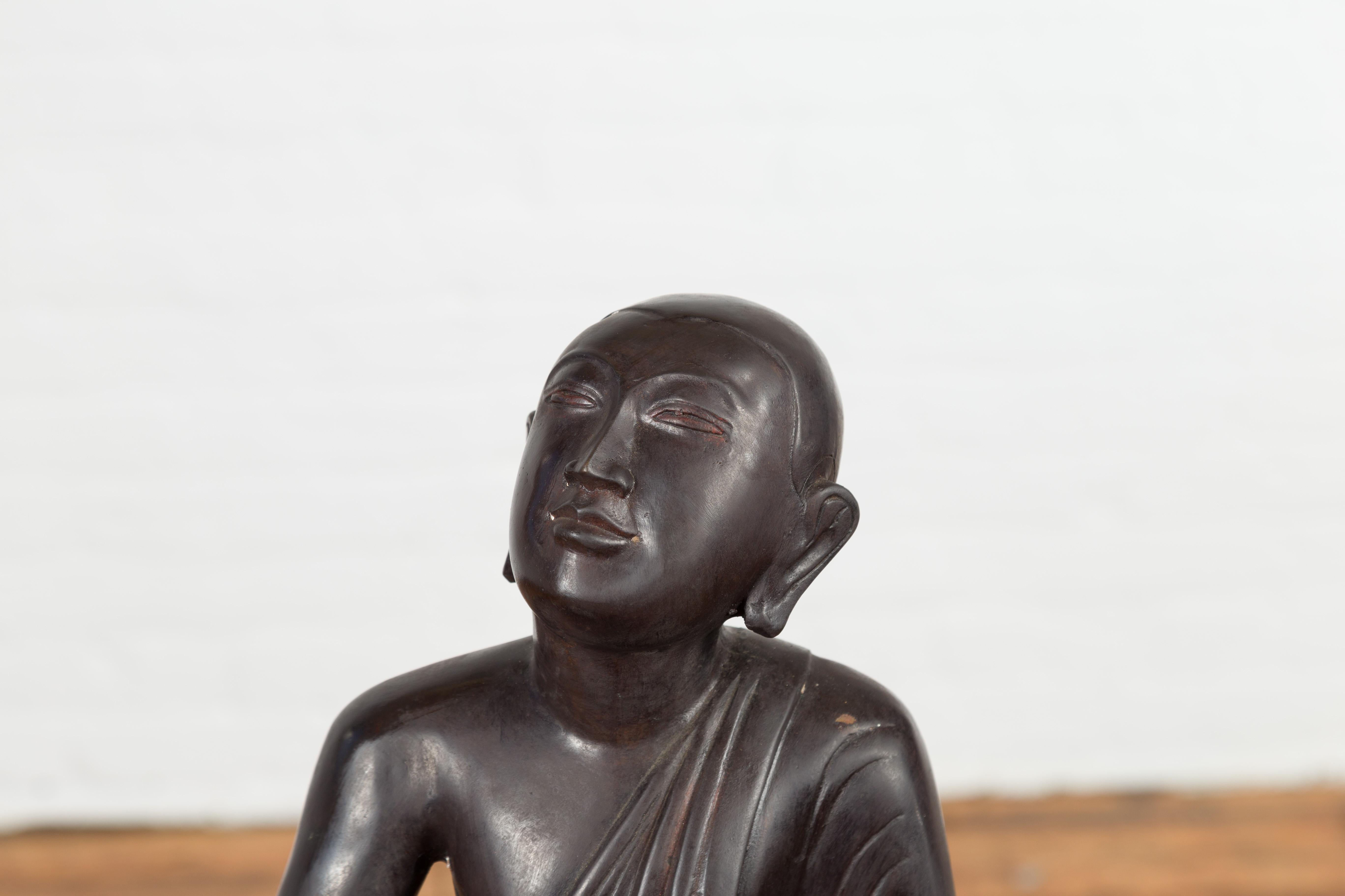 Vintage Bronze Lost Wax Sculpture Depicting a Praying Monk Sitting on a Base For Sale 6