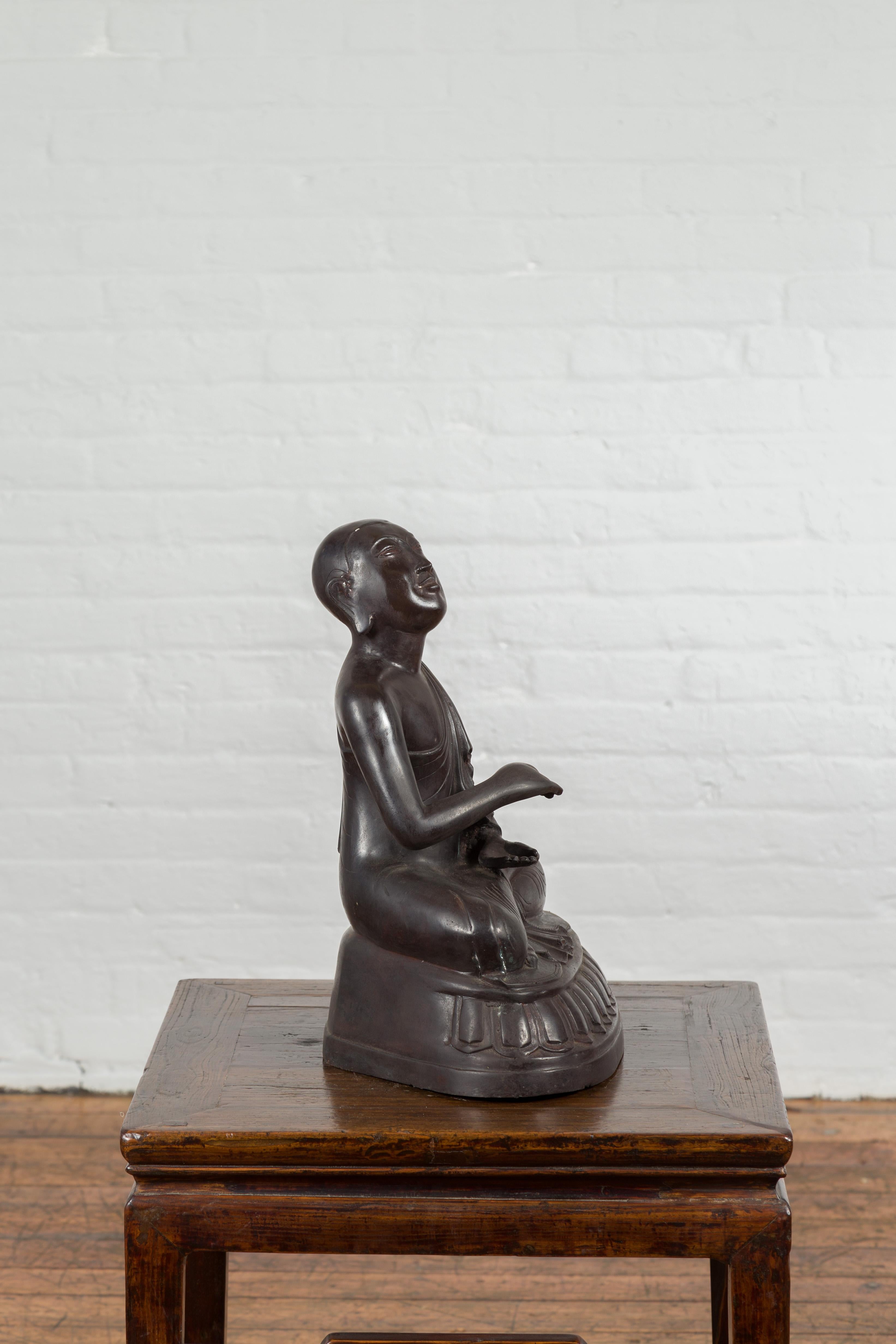 Vintage Bronze Lost Wax Sculpture Depicting a Praying Monk Sitting on a Base For Sale 9