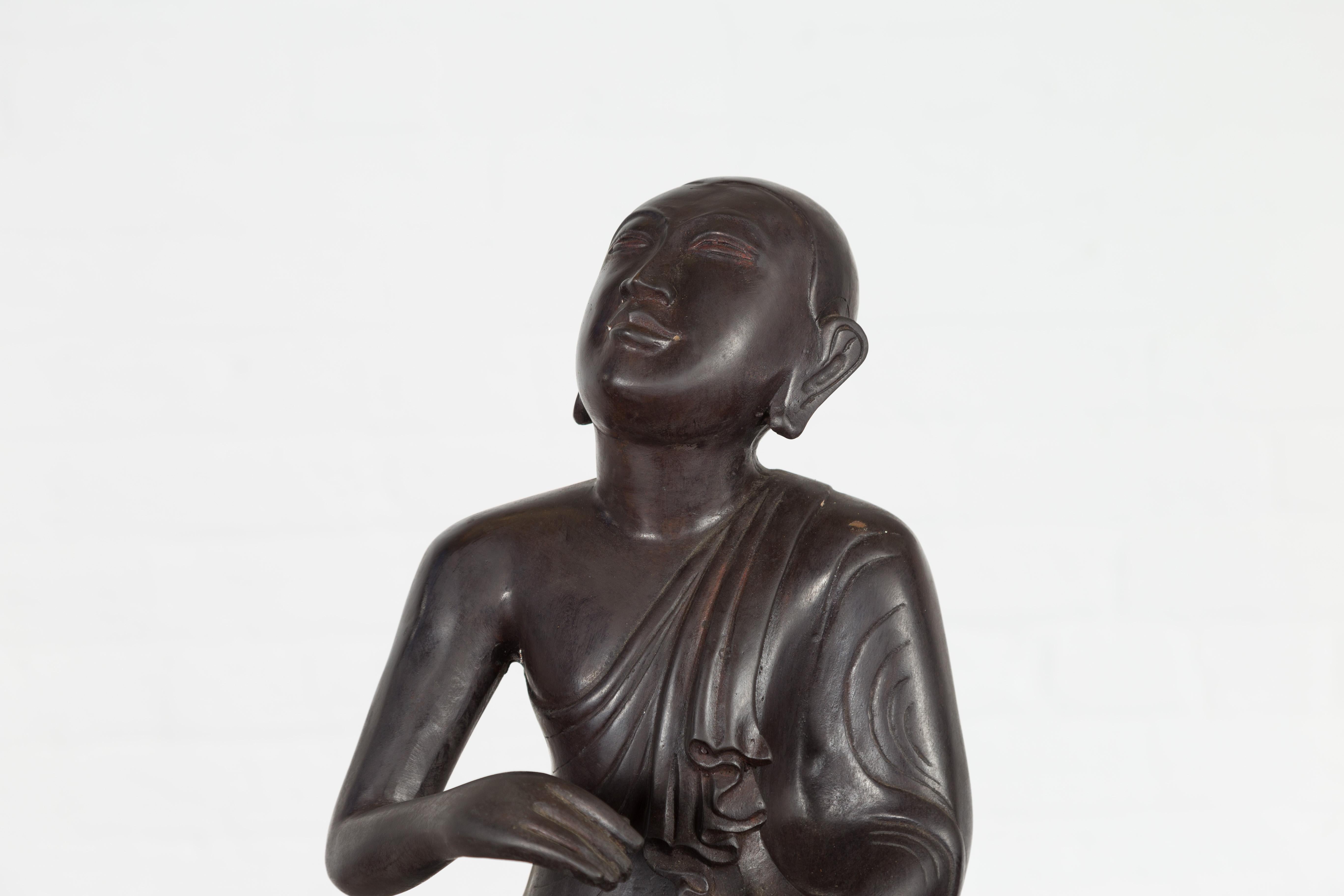 Vintage Bronze Lost Wax Sculpture Depicting a Praying Monk Sitting on a Base For Sale 1