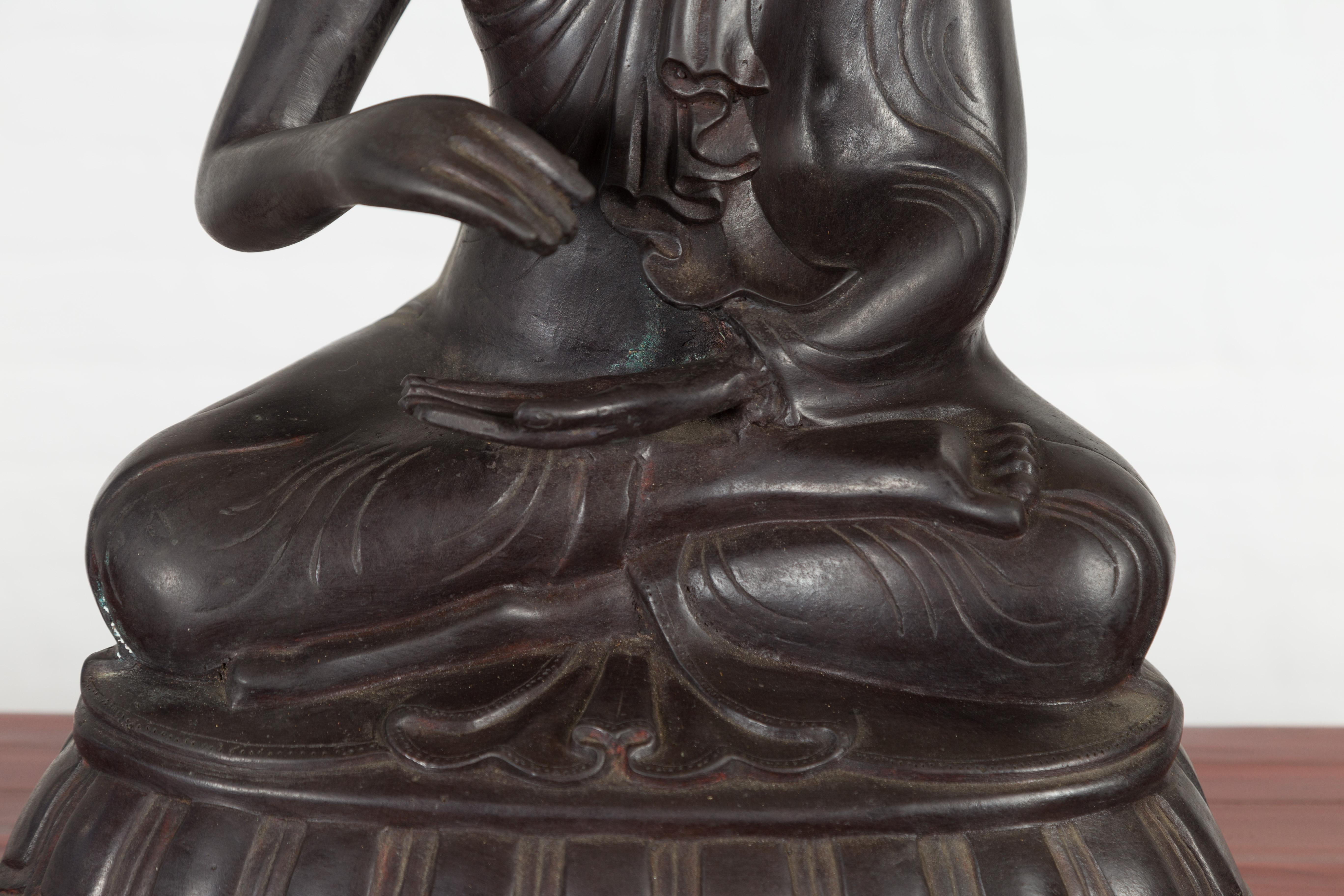 Vintage Bronze Lost Wax Sculpture Depicting a Praying Monk Sitting on a Base For Sale 3