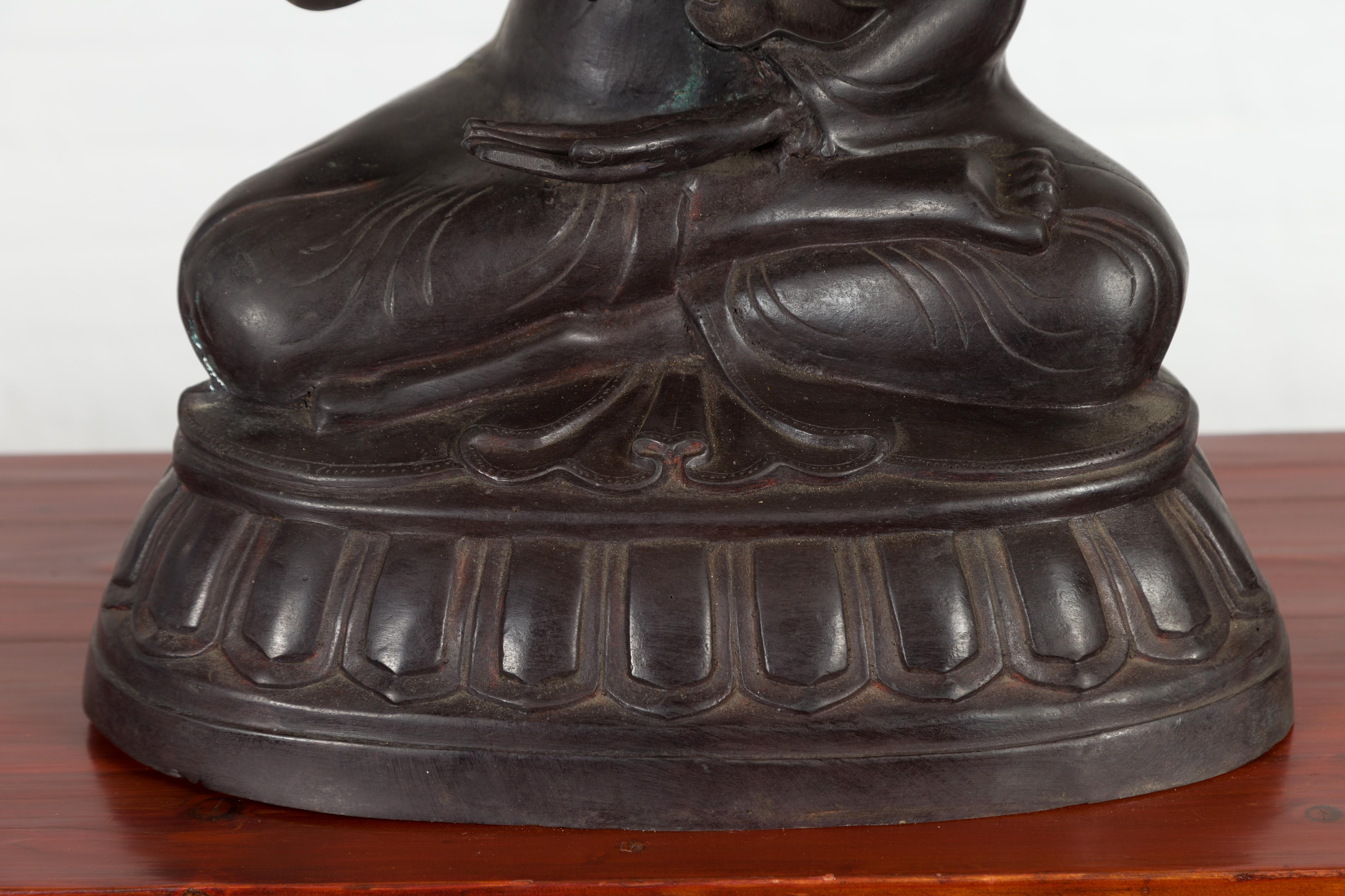 Vintage Bronze Lost Wax Sculpture Depicting a Praying Monk Sitting on a Base For Sale 4
