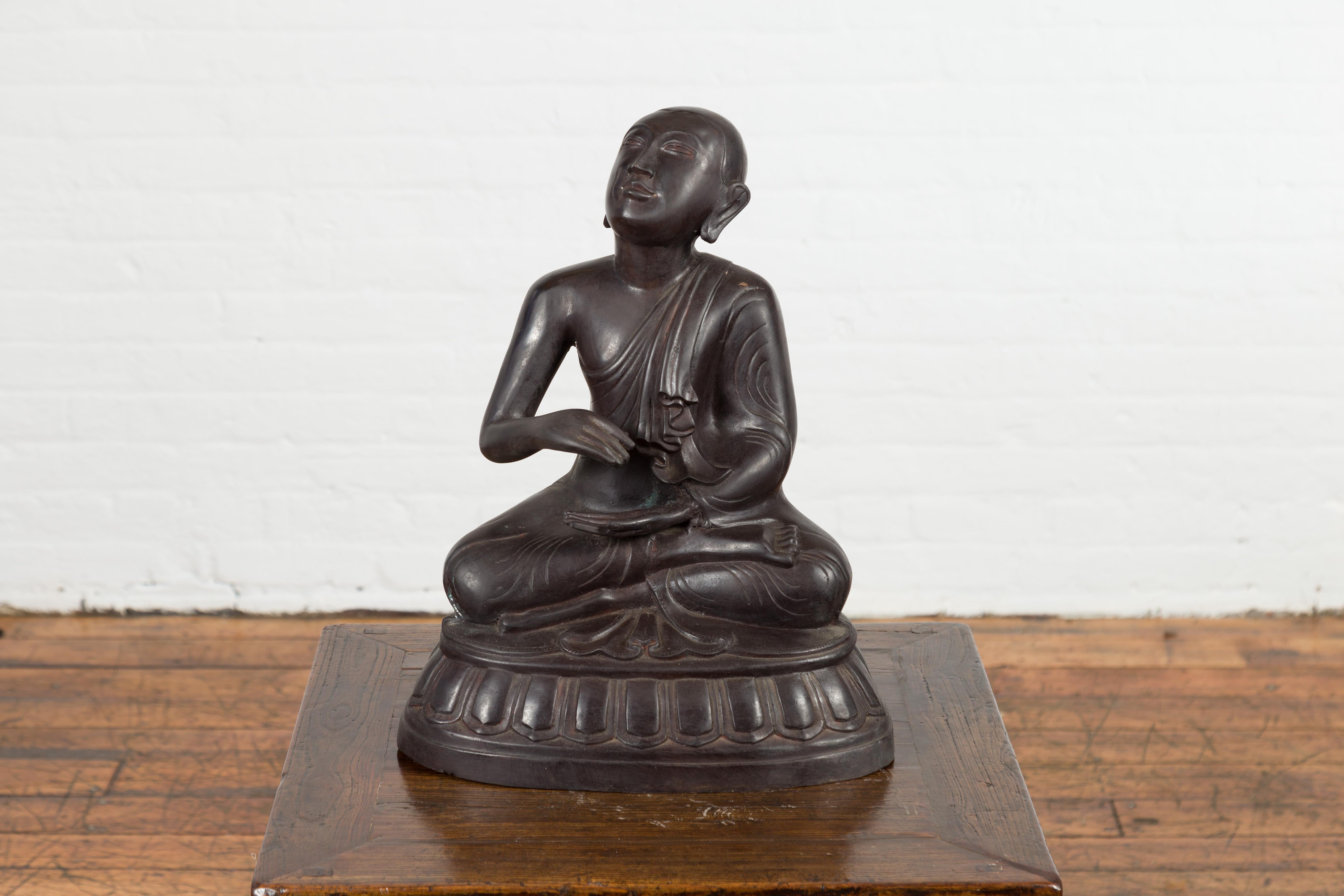 Vintage Bronze Lost Wax Sculpture Depicting a Praying Monk Sitting on a Base For Sale 5