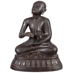 Vintage Bronze Lost Wax Sculpture Depicting a Praying Monk Sitting on a Base