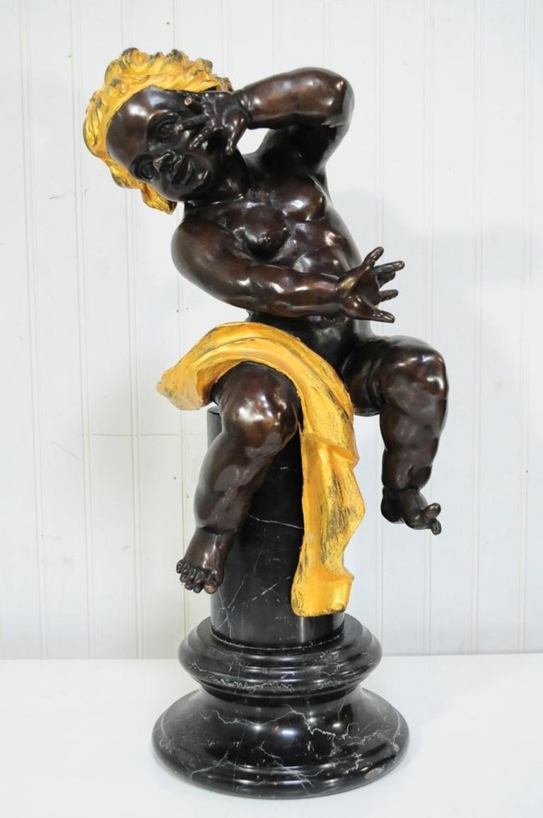 Vintage Bronze Marble French Neoclassical Style Cherub Putti Pedestal Sculpture 7