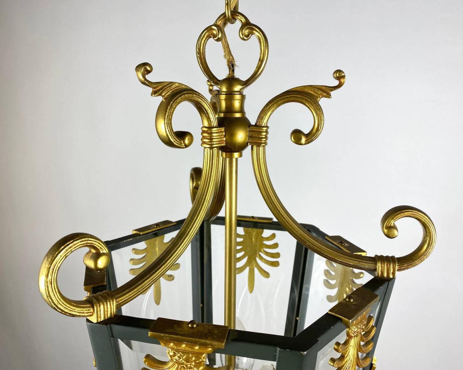 French Vintage Bronze, Metal & Glass Pendant Lantern, France, 1970s For Sale